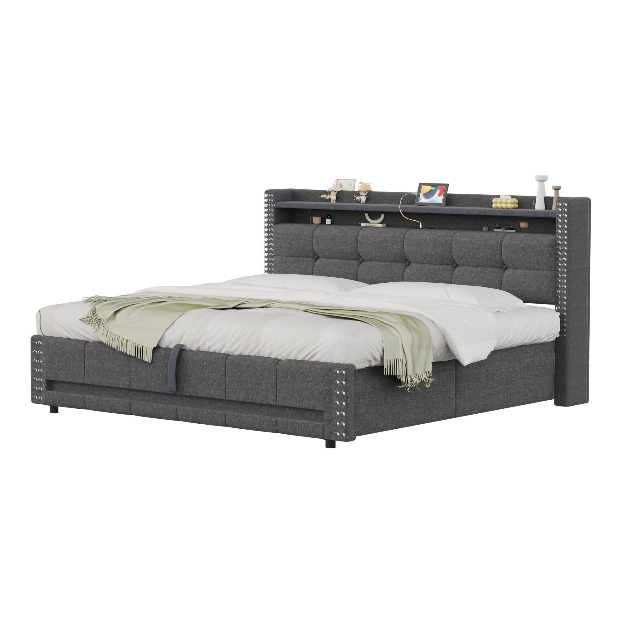 POLSTERBETT 160x200 Grau Leinen LED Stauraum - Grau, Textil (160/200cm) - FLIEKS