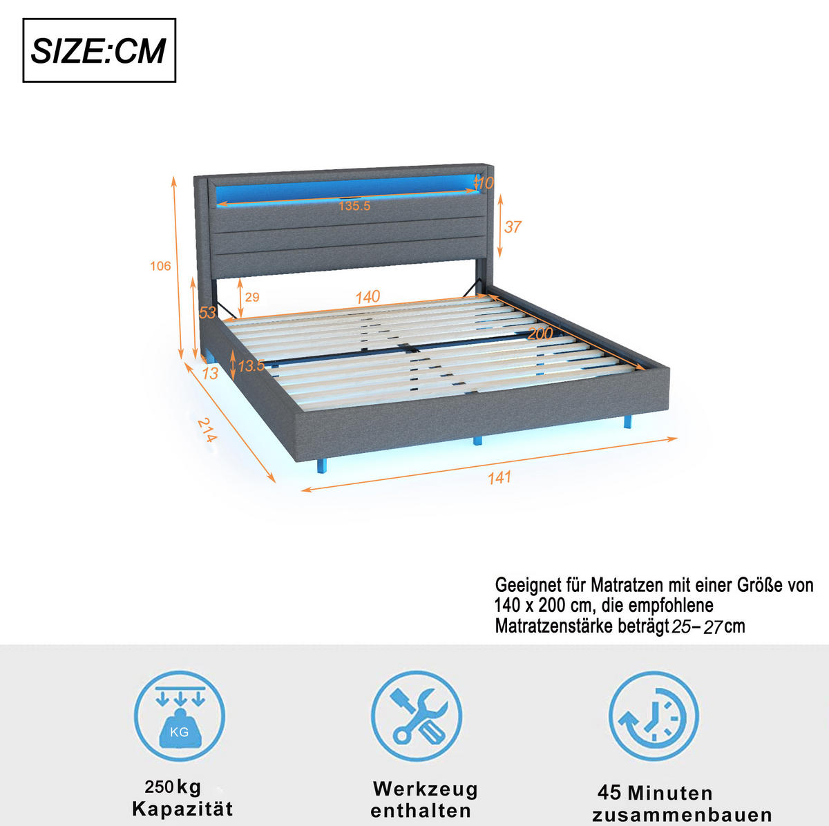 ČALÚNENÁ posteľ z ľanovej tkaniny 140x200 cm sivá s USB portom, LED osvetlením a úložným čelom - sivá, textil (140/200cm) - Modfu