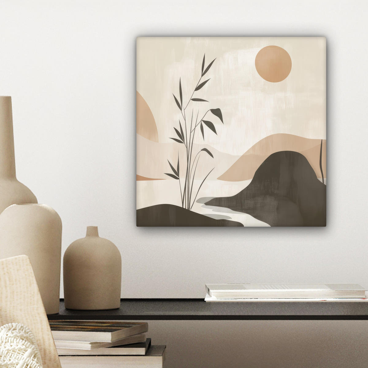 LEINWANDBILD Japandi - Landschaft - Beige Deko Wohnzimmer 20x20 cm - Cognac, Textil (20/20cm) - MuchoWow