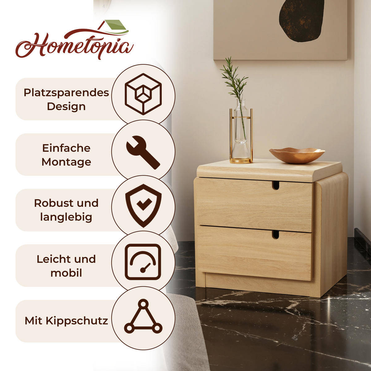 NACHTTISCH Moderner mit 2 Schubladen, Eichenfarben, MDF | B55 x T40 x H53 cm - Eichefarben, Holz (55/53/40cm) - Hometopia