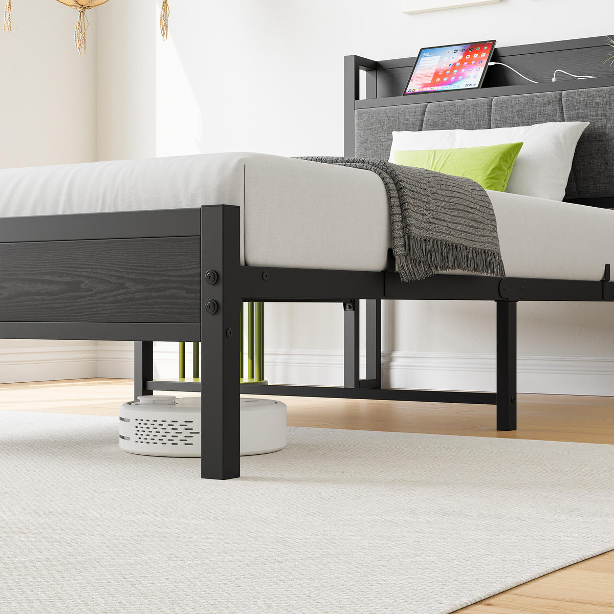 METALLBETT 90/200 mit Gepolstertes Kopfteil und Steckdose Jugendbett ohne Matratze, 27 cm Bodenfreiheit - Schwarz/Grau, Holzwerkstoff/Textil (90/200cm) - STILVORA