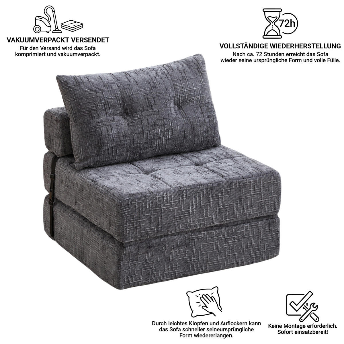 SCHLAFSOFA Schwarz mit Kopf- und Lendenkissen, Chenille - Schwarz, Textil/Metall (79/57/79cm) - CHICFURN