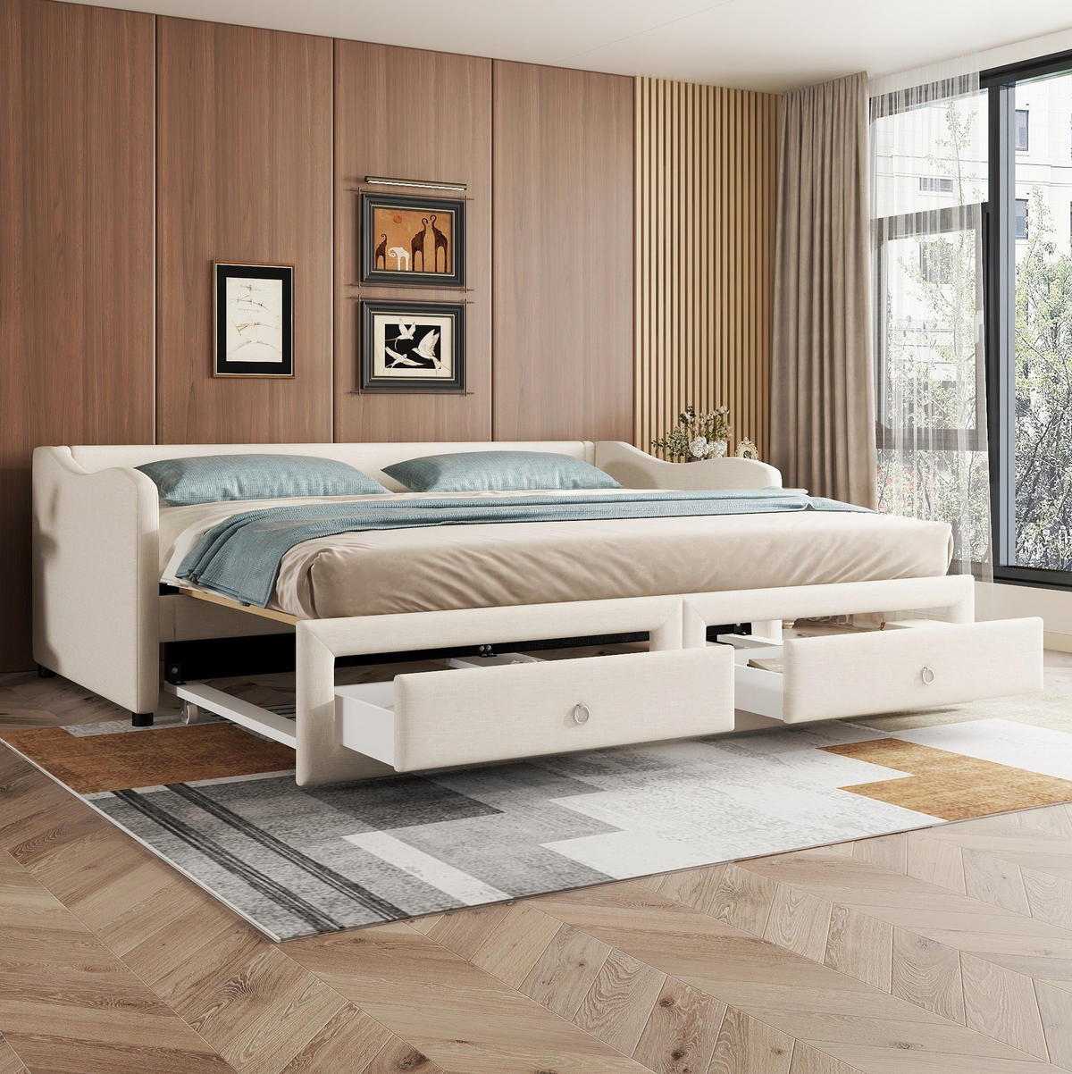 TAGESBETT 90/200 cm mit ausziehbarem Rollbett, 2 Schubladen und Leinenbezug, Beige - Beige, Textil (90/200cm) - Redom