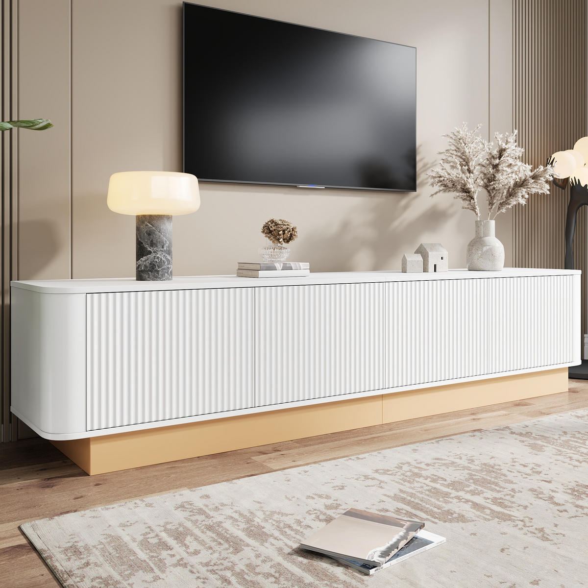 TV-LOWBOARD 200 cm geriffelt 4 Türen - Weiß, Holz (200/47.5/40cm) - LEBENLANG