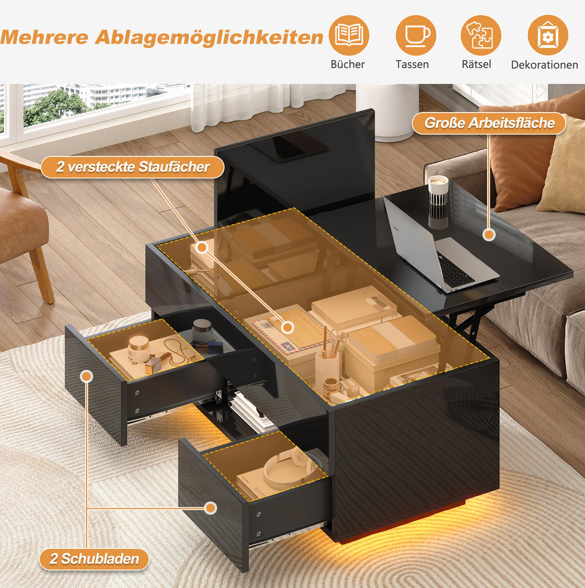 COUCHTISCH 100/45/43 cm Schwarz aus Spanplatte mit LED und Stauraum - Schwarz, Holzwerkstoff (100/45/43cm) - OKMYHOME