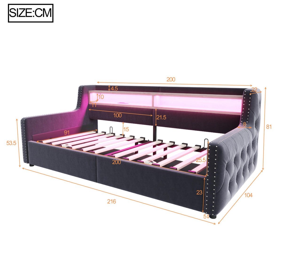 SCHLAFSOFA 90/200 cm dunkelgrau aus Samt mit Stauraum, LED und Ladeanschlüssen - Grau, Textil (90/200cm) - OKWISH