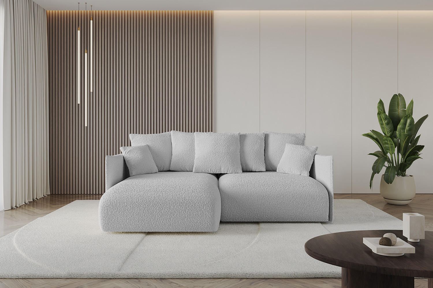 ECKSOFA mit Schlaffunktion und Bettkasten ONESK-L 208x165x40 Hellgrau Bouclé - Hellgrau, Holzwerkstoff/Kunststoff (208/165cm) - ALTDECOR