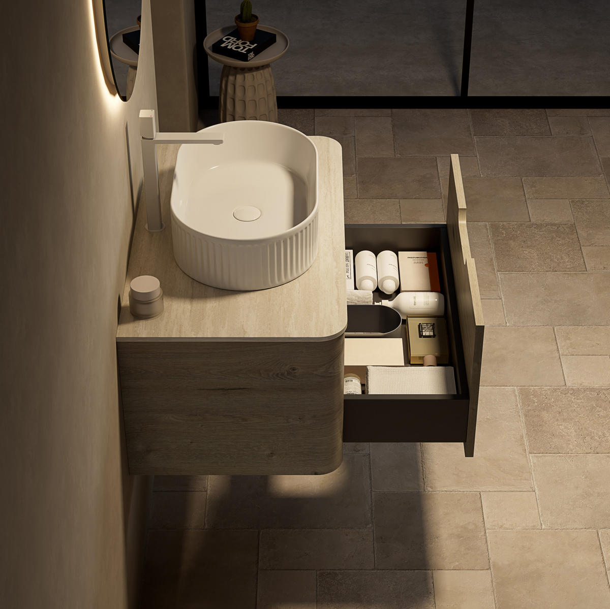 WASCHTISCHKOMBI 80 cm in Beige mit ovalem Becken und Soft-Close-Schublade - Creme, Keramik (80/50.2/46cm) - Flora Grace