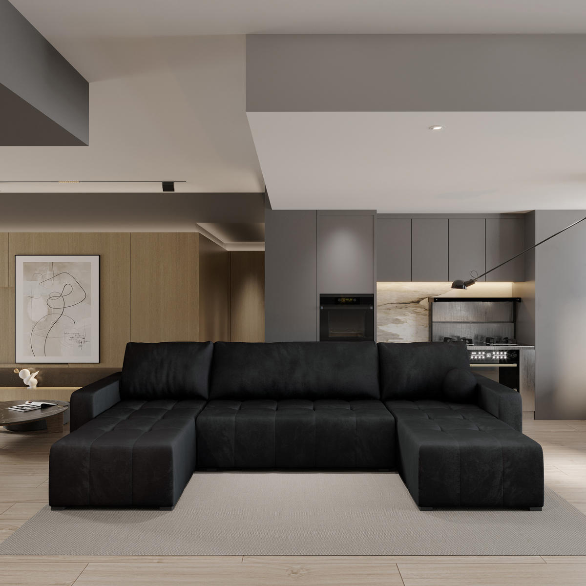 ROHOVÁ SEDAČKA TOLARI černá - šedá/černá, dřevo/textil (295/140cm) - MASSENO