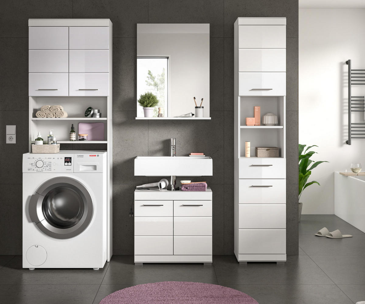 BADMÖBEL-SET weiß Hochglanz 4-teilig 190 cm, Komplettset mit viel Stauraum - Weiß Hochglanz, Glas/Holzwerkstoff (190/191/34cm) - Inn.Furn