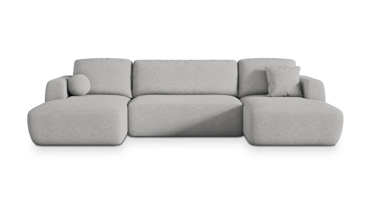 WOHNLANDSCHAFT SENTUM N Hellgrau Boucle-Stoff mit Schlaffunktion - Hellgrau, Holz (330/90/148cm) - MASSENO