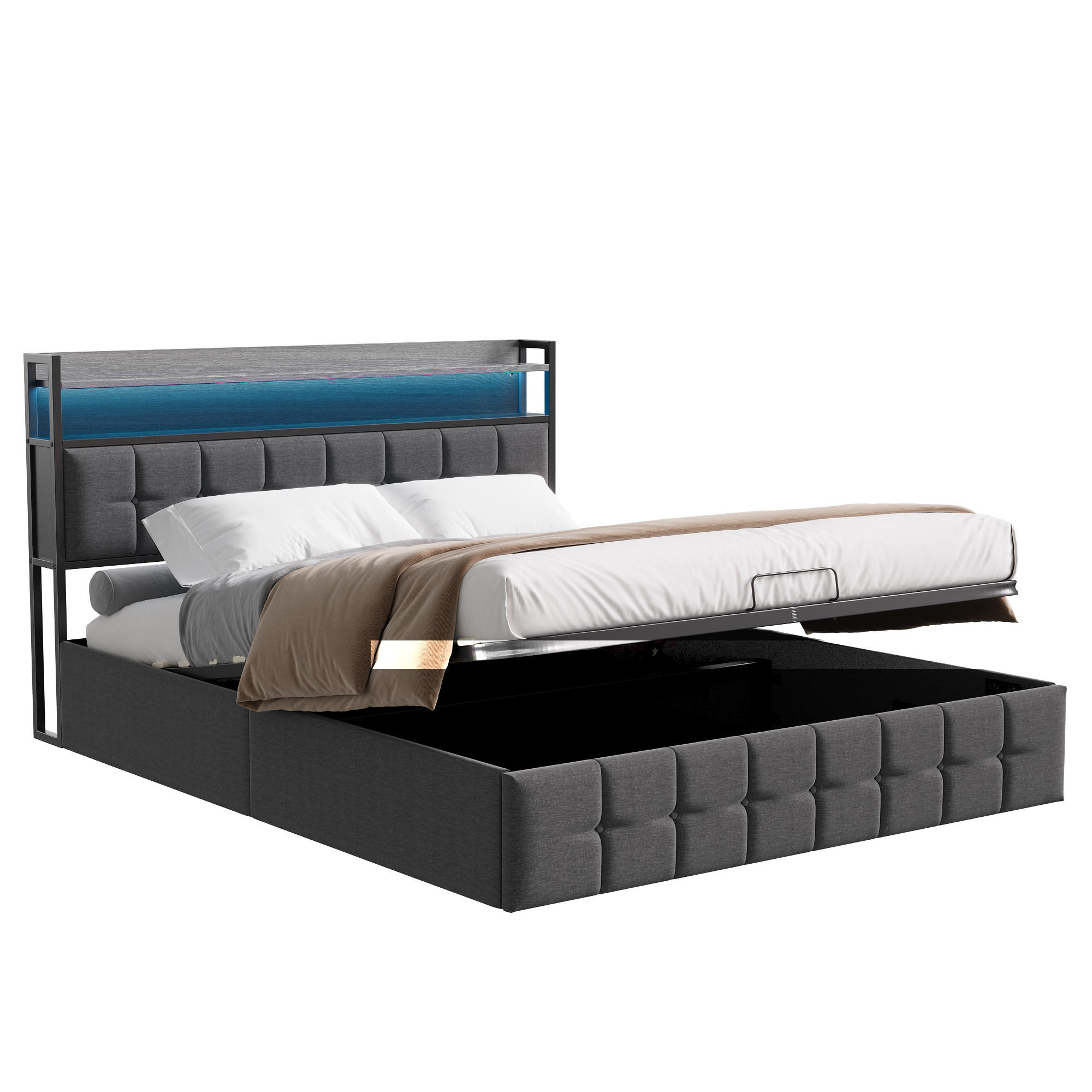 POLSTERBETT 140x200 cm Grau Leinen mit Stauraum, Bett für Erwachsene - Grau, Holz/Metall (140/200cm) - PARAFTA HOME