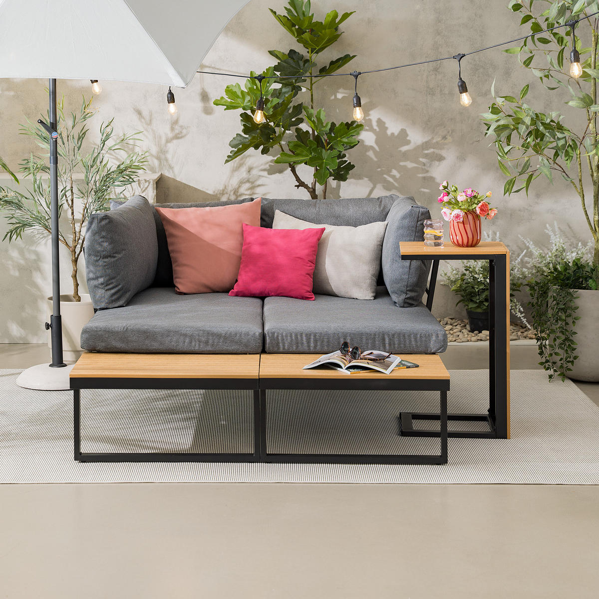 LOUNGESET - Polywood / Polyester - Braun / Grau - 3-teilig - Anthrazit/Braun, Holzwerkstoff/Textil - home24