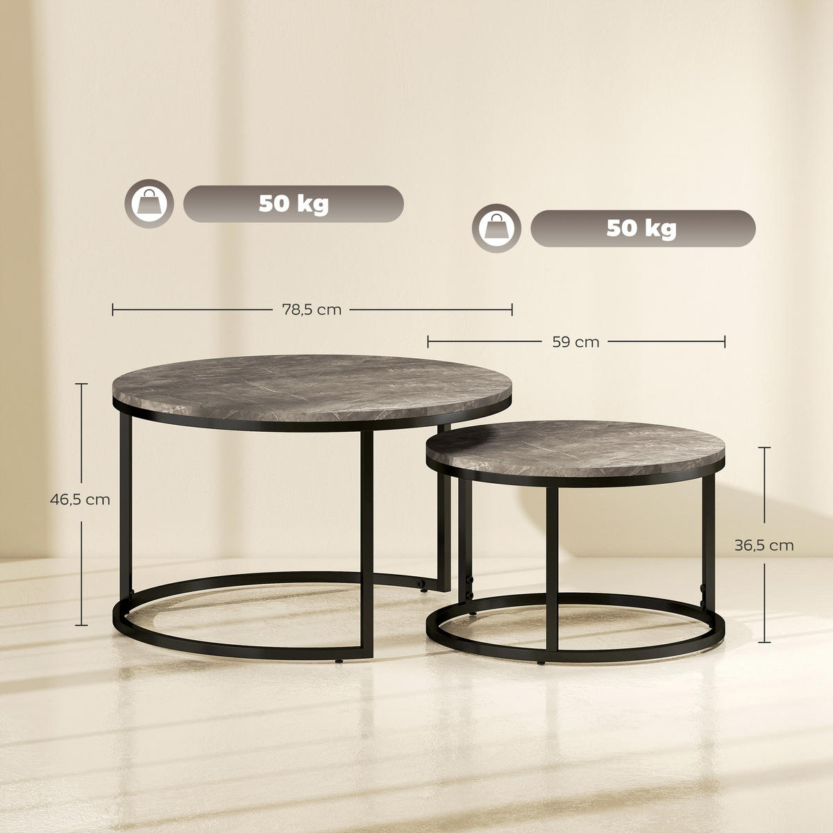 COUCHTISCH rund 2er Set Satztisch mit Metallrahmen, Marmoroptik Grau - Dunkelgrau/Schwarz, Holzwerkstoff/Metall (78.5/78.5/46.5cm) - HOMCOM