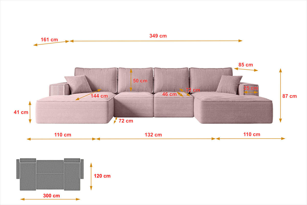WOHNLANDSCHAFT mit Schlaffunktion und Bettkasten SIERRA-U-S - 349x161x87 cm Rosa Cord - Schwarz/Rosa, Holzwerkstoff/Kunststoff (349/87/161cm) - ALTDECOR
