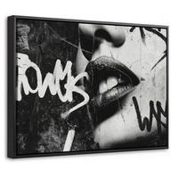 LEINWAND Bilder mit Rahmen - Gesicht - Mund - Graffiti - Schwarz - 40x30 - Schwarz, Textil (40/30cm) - MuchoWow