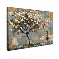 LEINWANDBILD Baum - Graffiti - Banksy-Stil - Ballon-Mädchen Wanddeko 90x60 cm - Blaugrau, Textil (90/60cm) - MuchoWow
