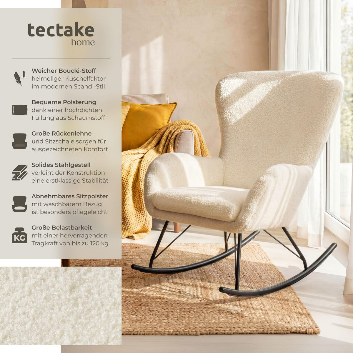 SCHAUKELSTUHL Swing, 70 x 93 x 100 cm, Belastbarkeit 120 kg, creme/schwarz - Creme/Schwarz, Kunststoff (70/100/93cm) - tectake