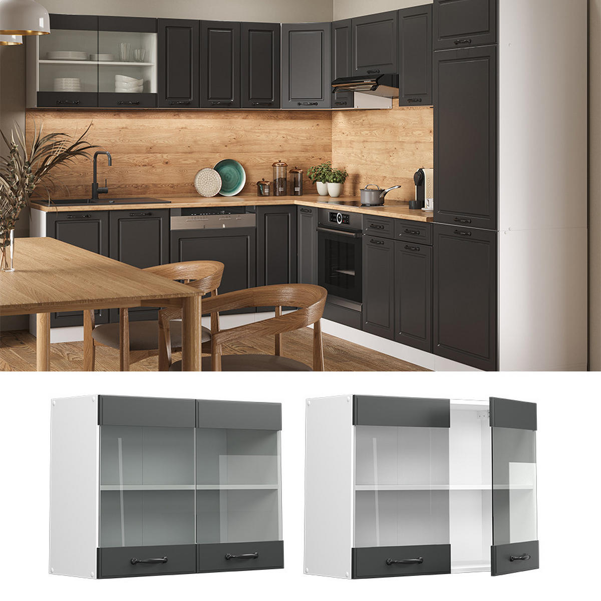 KÜCHENGLASSCHRANK R-Line Anthrazit Landhaus 80 cm - Anthrazit/Weiß, Holzwerkstoff (80/60/31cm) - Vicco