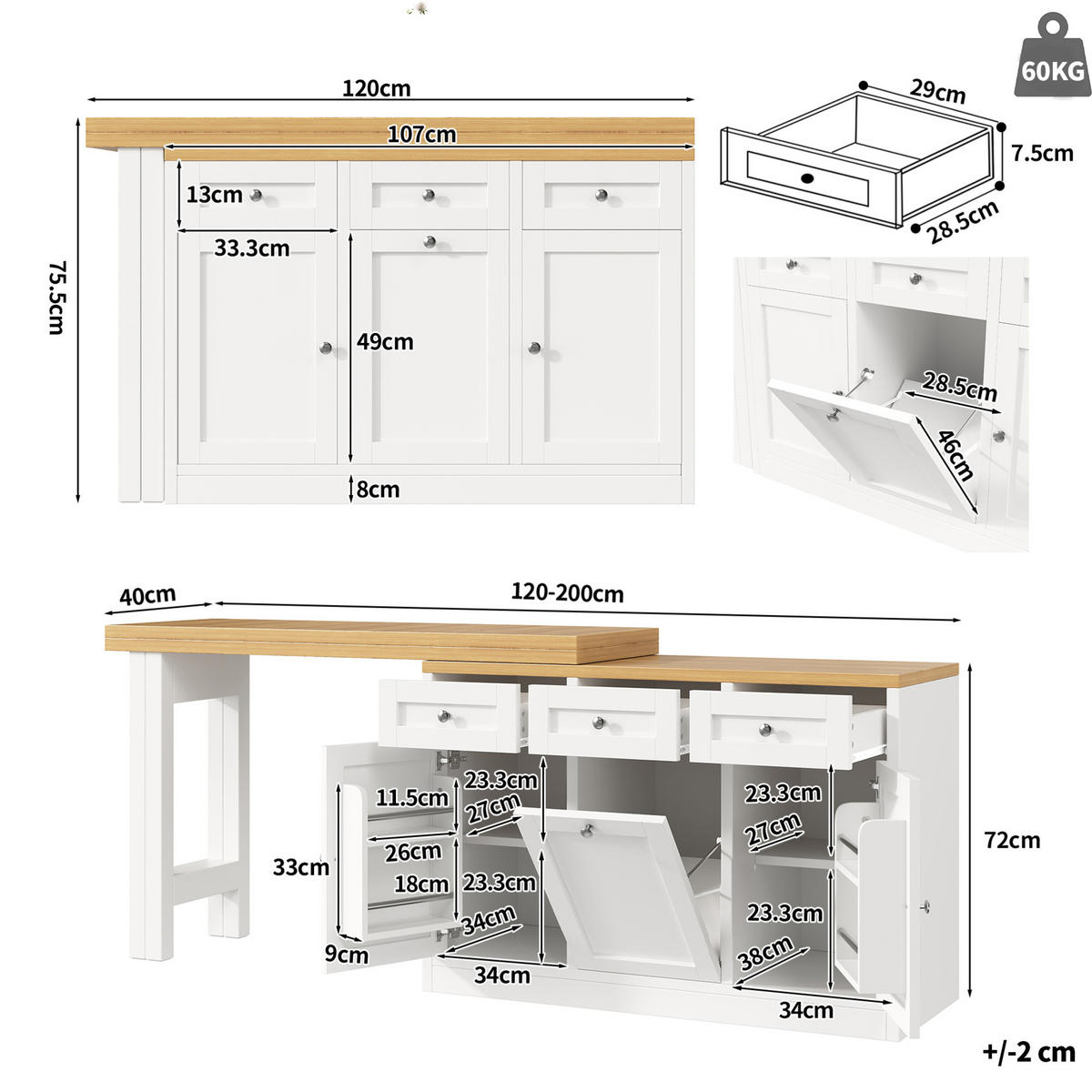 BARTISCH ausziehbar 120-200 cm MDF Weiß mit Stauraum - Weiß, Holzwerkstoff (200/40/75.5cm) - Meubliv