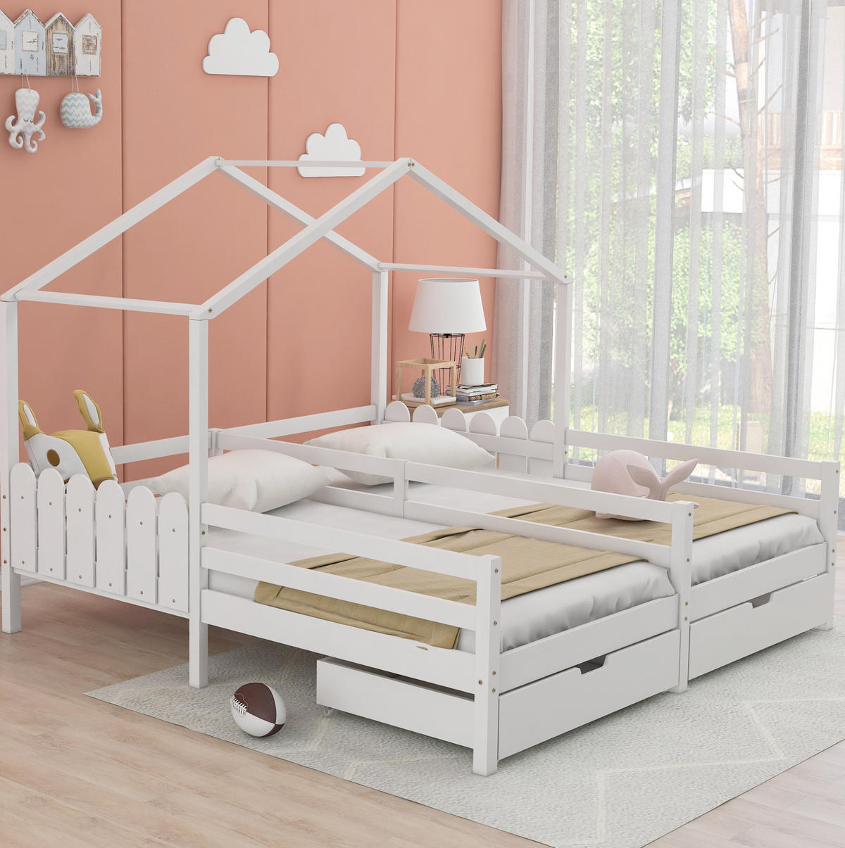 HAUSBETT aus Kiefer und MDF 200x90 cm Weiß mit 2 Schubladen, Schutzgitter und geteiltem Hausbett-Design - Weiß, Holzwerkstoff (90/200cm) - Modfu