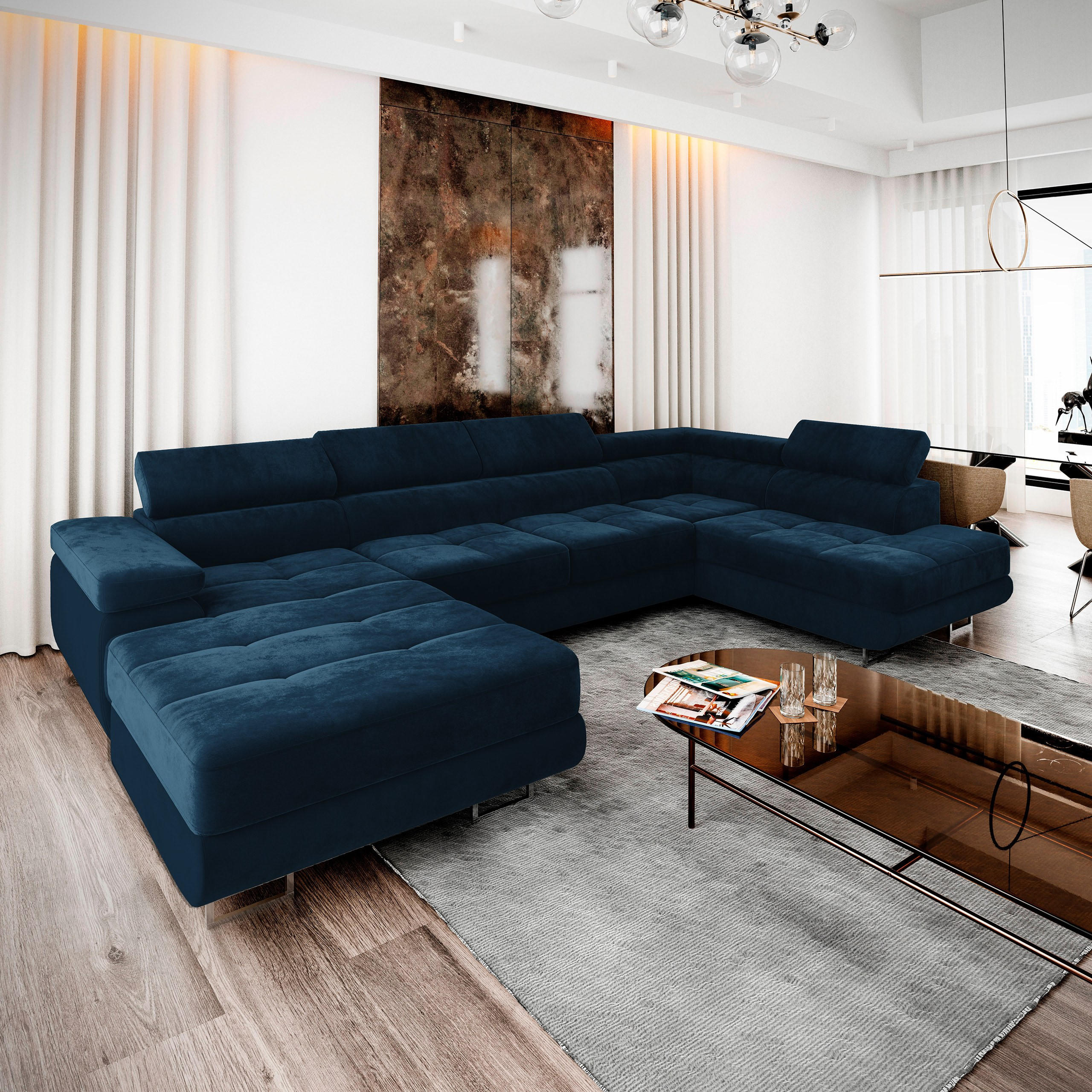 WOHNLANDSCHAFT CASONE R-S Blau Velours-Stoff mit Schlaffunktion - Blau, Holz (345/90/202cm) - MASSENO