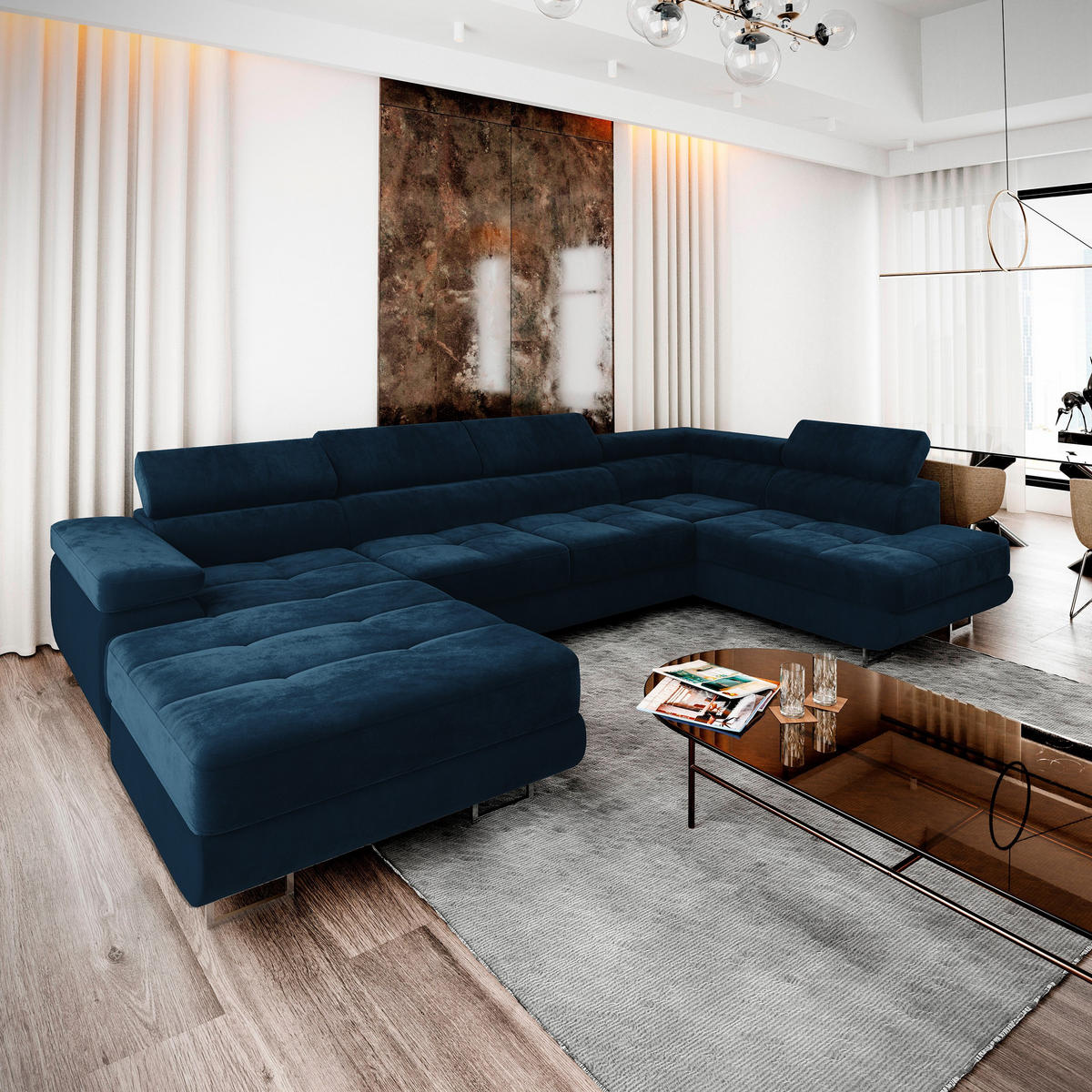 WOHNLANDSCHAFT CASONE R-S Blau Velours-Stoff mit Schlaffunktion - Blau, Holz (345/90/202cm) - MASSENO