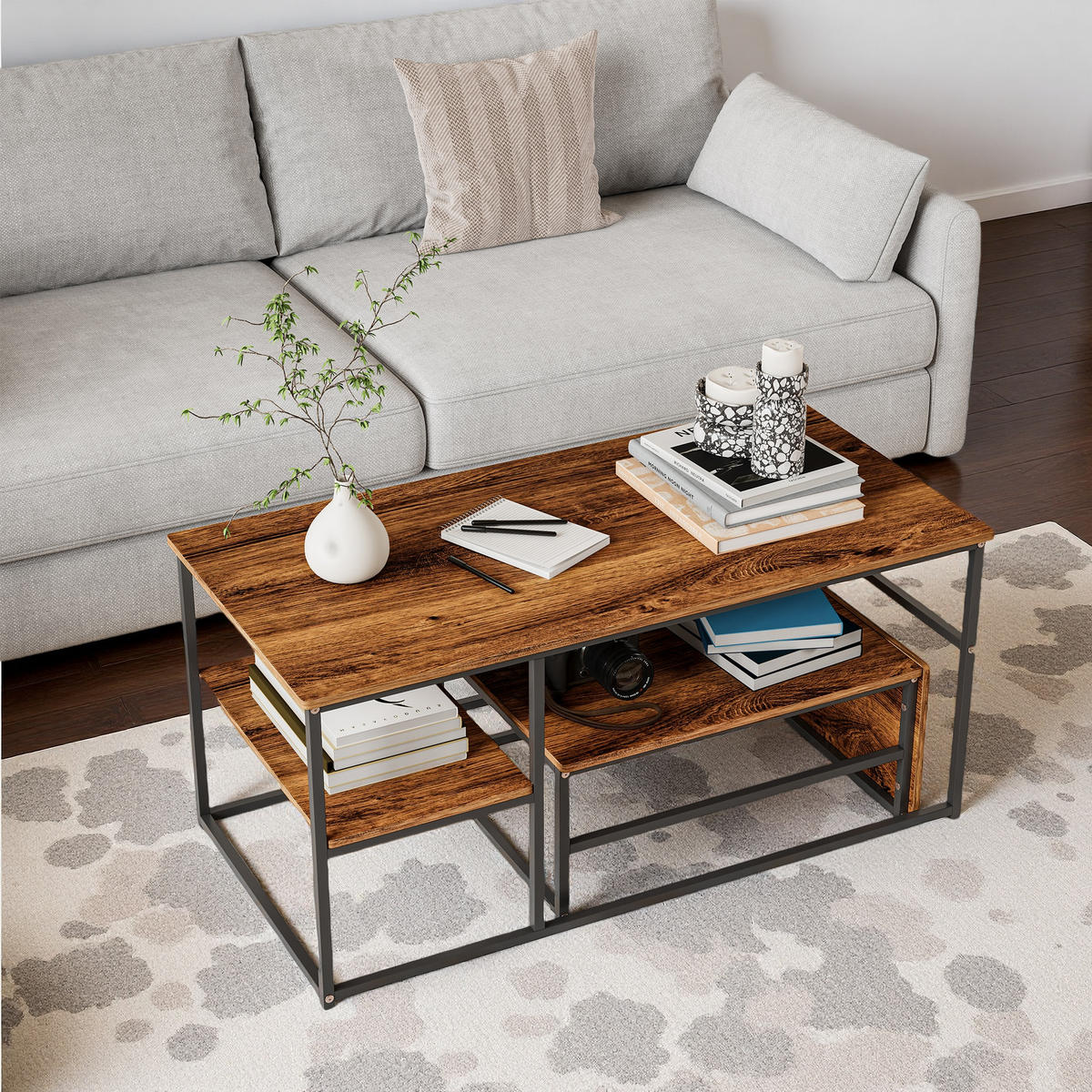 COUCHTISCH-SET Holzoptik Rustikal Braun, Schwarz Metall - Braun, Metall (105/52/48.5cm) - SHOPENTRA