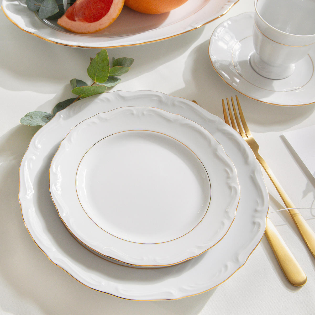KAFFEESERVICE Chodziez MARIA TERESA 18-tlg Porzellan mit Goldrand, Weiß / Gold - Goldfarben/Weiß, Keramik (8/8/8cm) - KONSIMO®