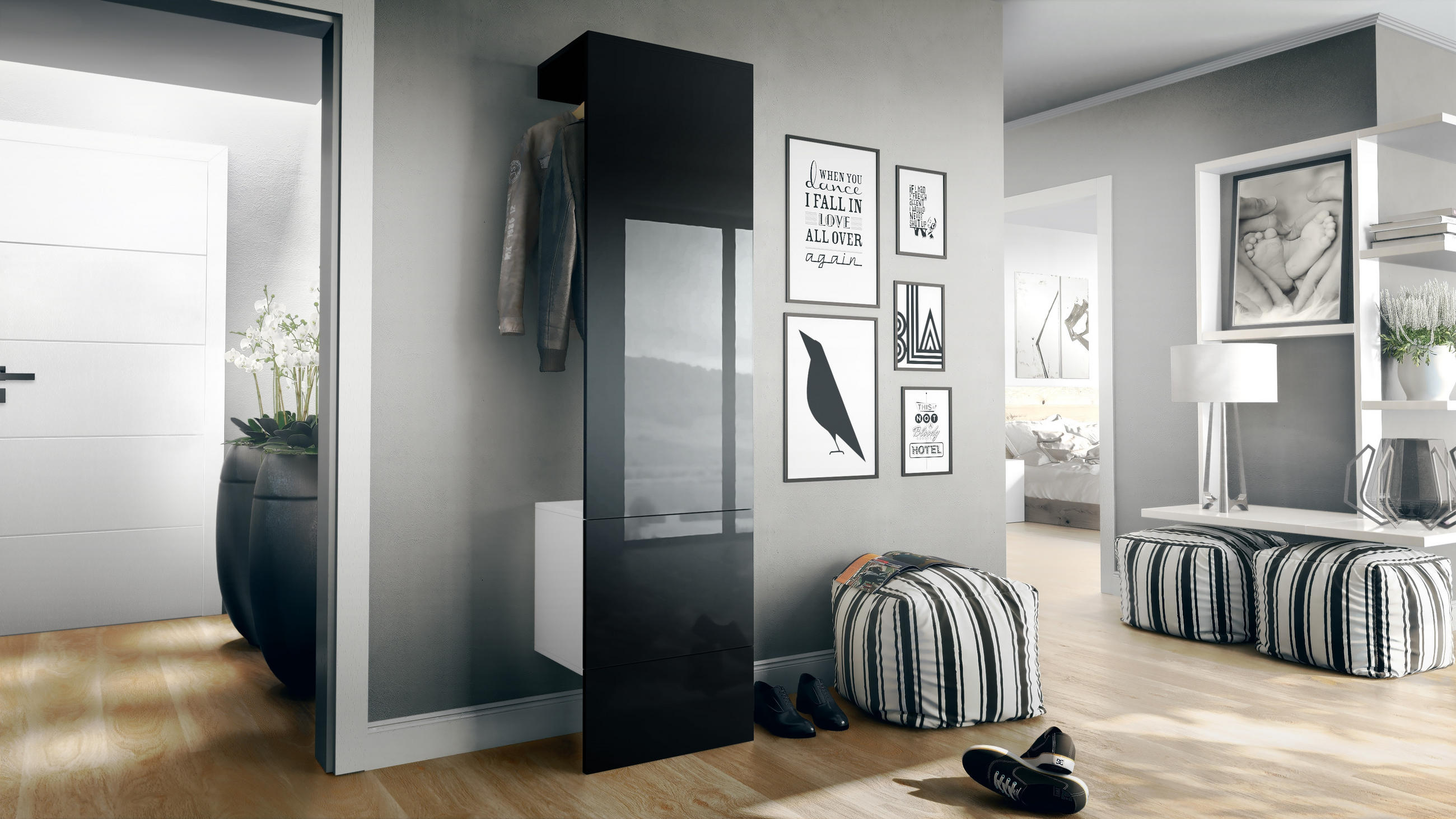 GARDEROBE Carlton Paneel in Schwarz Hochglanz - Schwarz Hochglanz, Holzwerkstoff (52/193/35cm) - Vladon