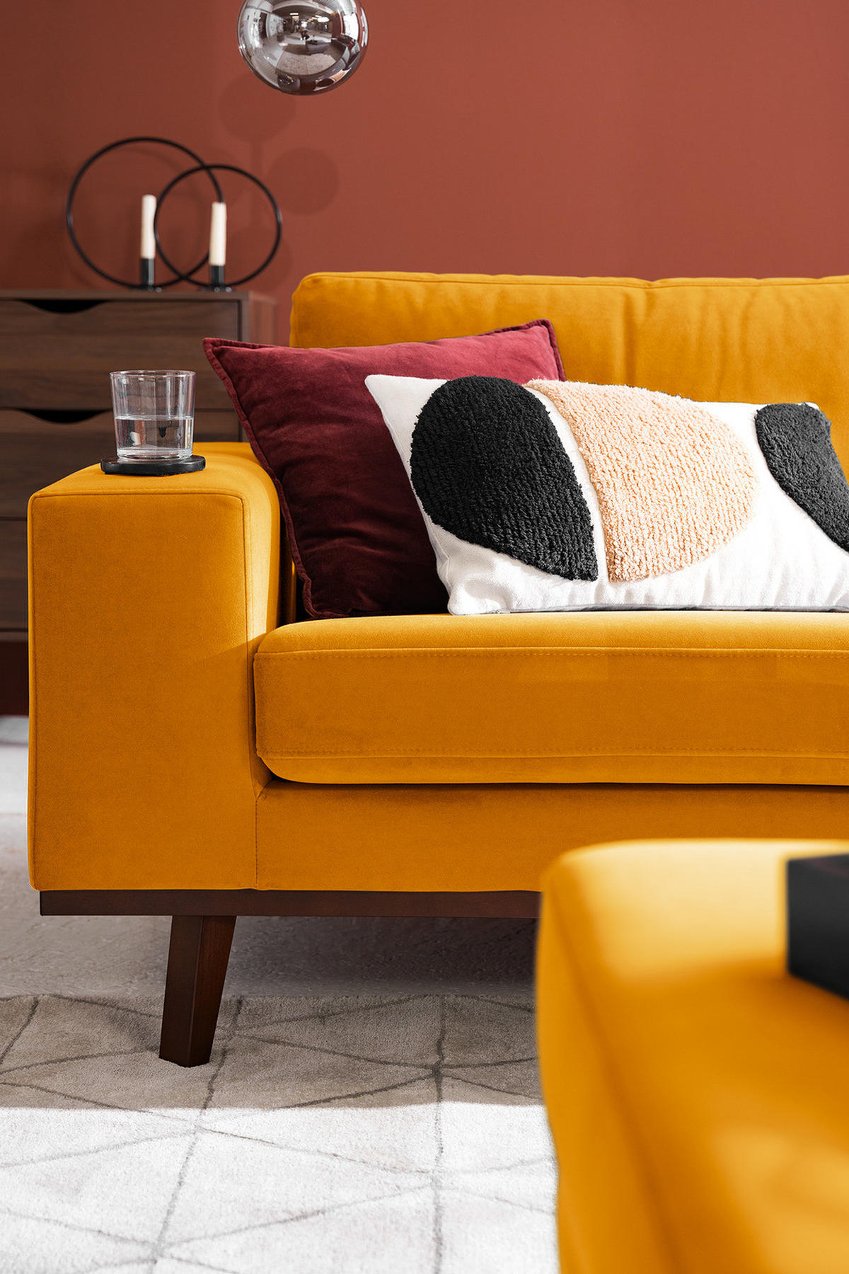 ECKSOFA mit Ottomane - Gelb/Buchefarben, Buchenholz/Textil (287/219cm) - home24