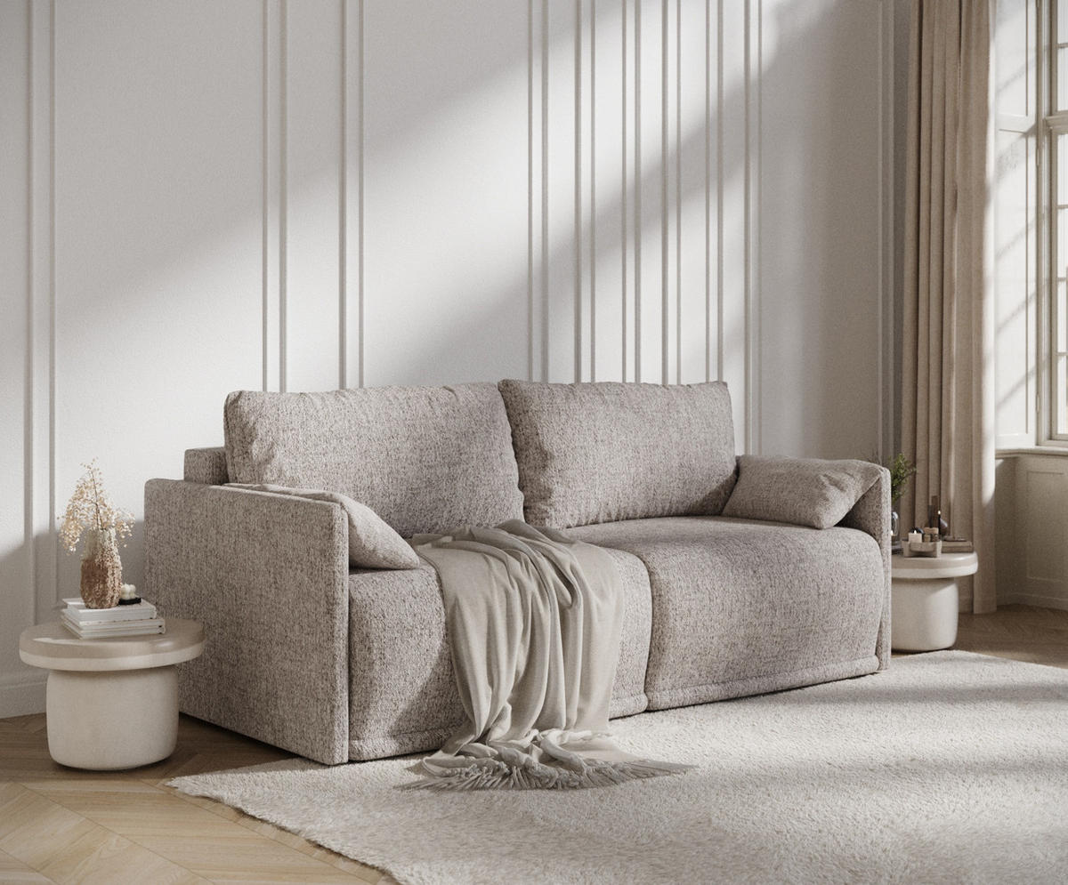 SCHLAFSOFA MIT ECKSOFA-FUNKTION Nappa Hellbraun Webstoff - Hellbraun/Schwarz, Holz/Holzwerkstoff (215/100/112cm) - Maison de Reve
