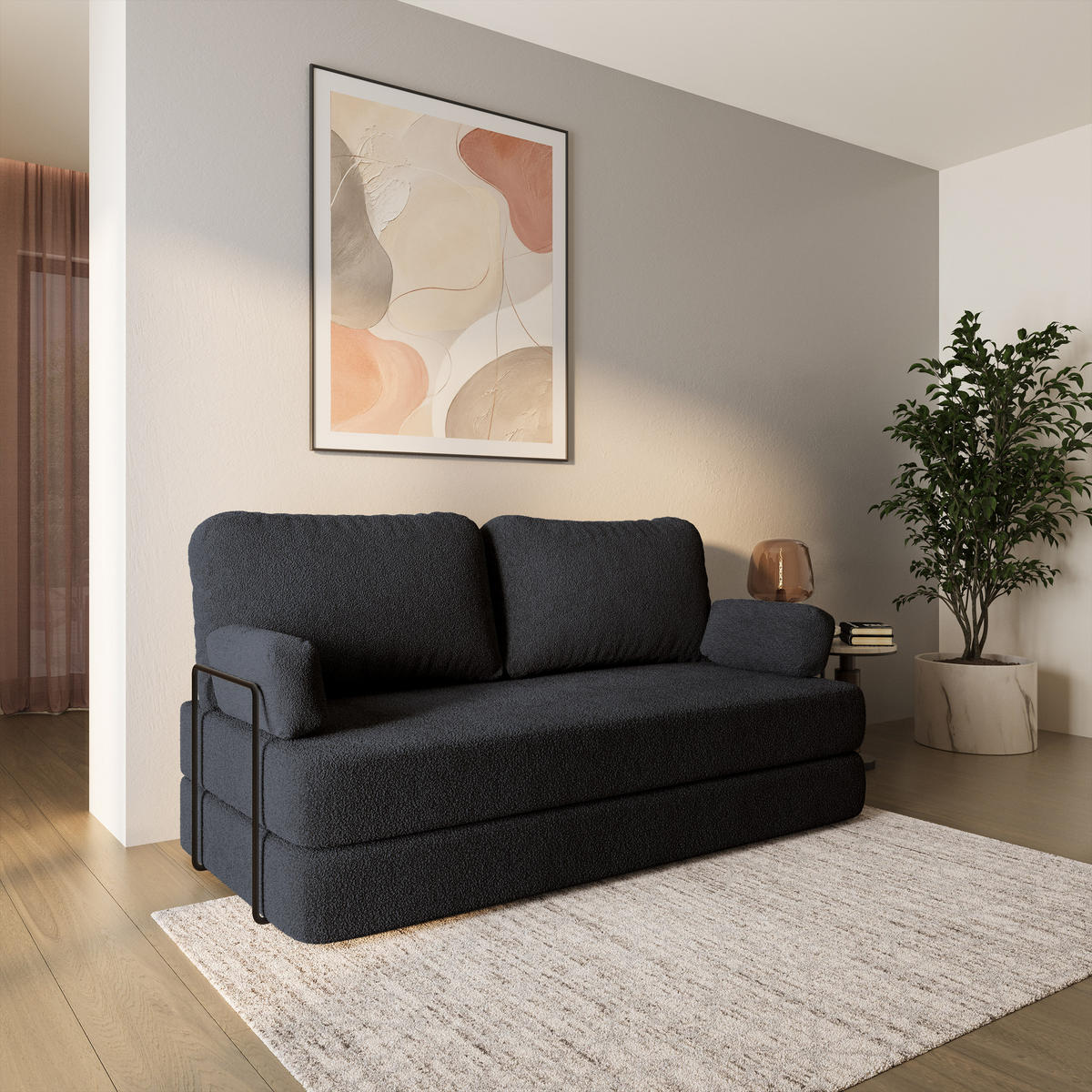 BETTSOFA NIKSI aus Schaumstoff Bucle-Stoff Schwarz Schlaffunktion - Schwarz, Textil (170/86/80cm) - MASSENO