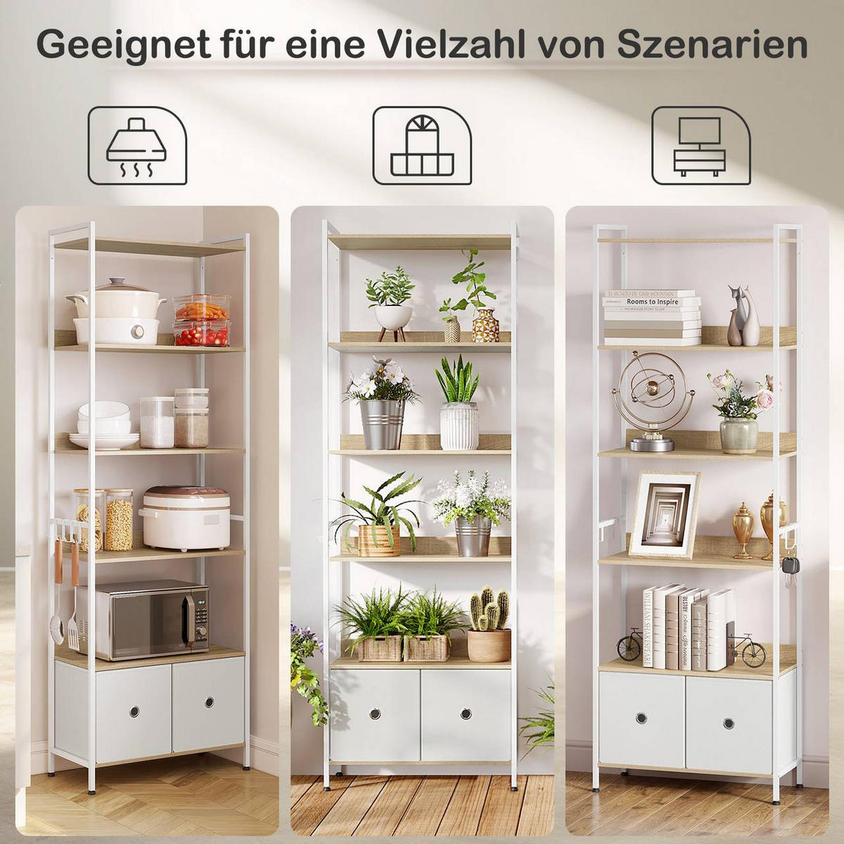 REGAL mit 5 Ablagen, 2 Schubladen, Helle Eiche+Weiß - Eichefarben/Weiß, Holzwerkstoff/Textil (63/187/30cm) - Woltu