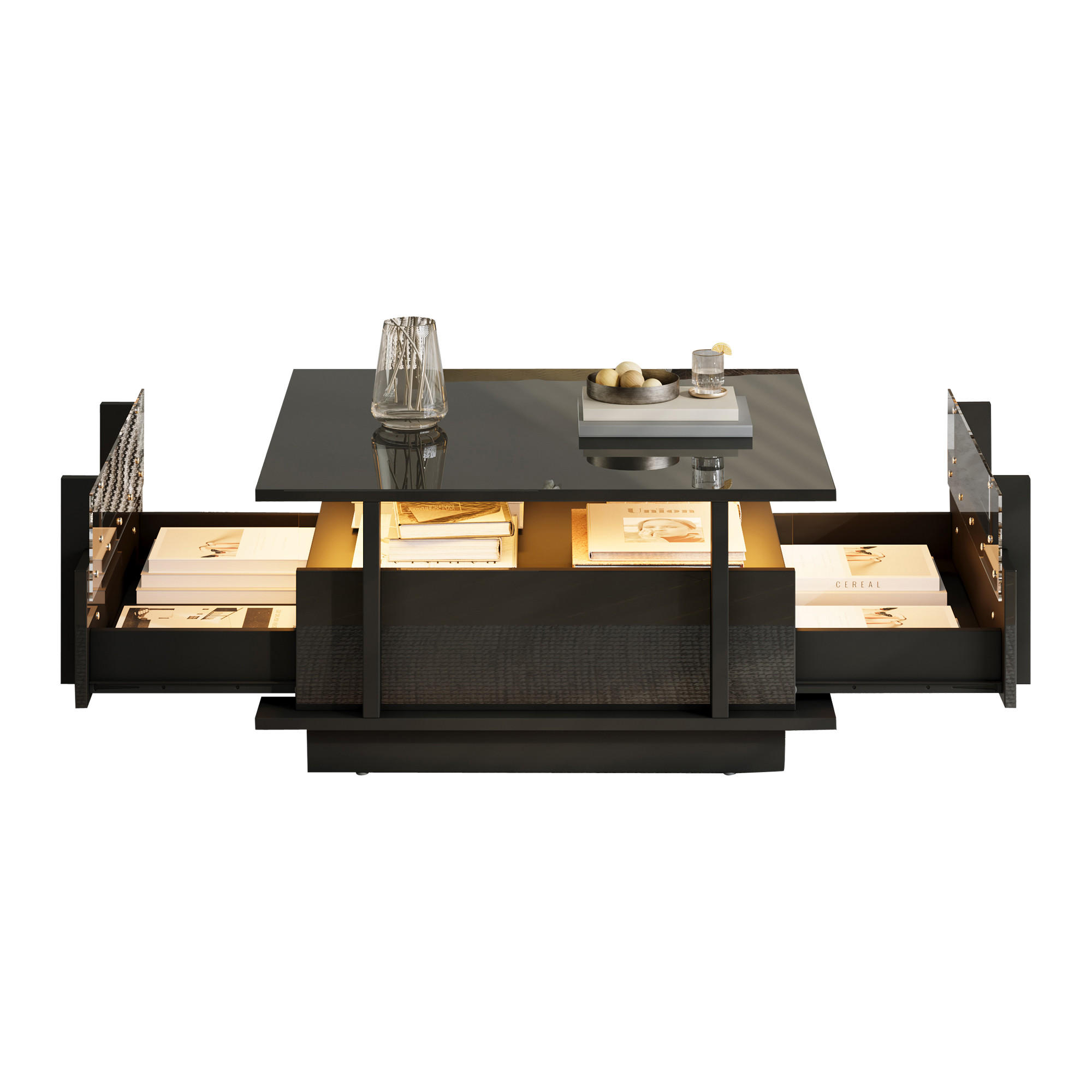 COUCHTISCH 70/70/35 cm Schwarz aus Holzwerkstoff mit LED-Beleuchtung und 2 Schubladen - Schwarz, Holzwerkstoff (70/70/35cm) - OKWISH