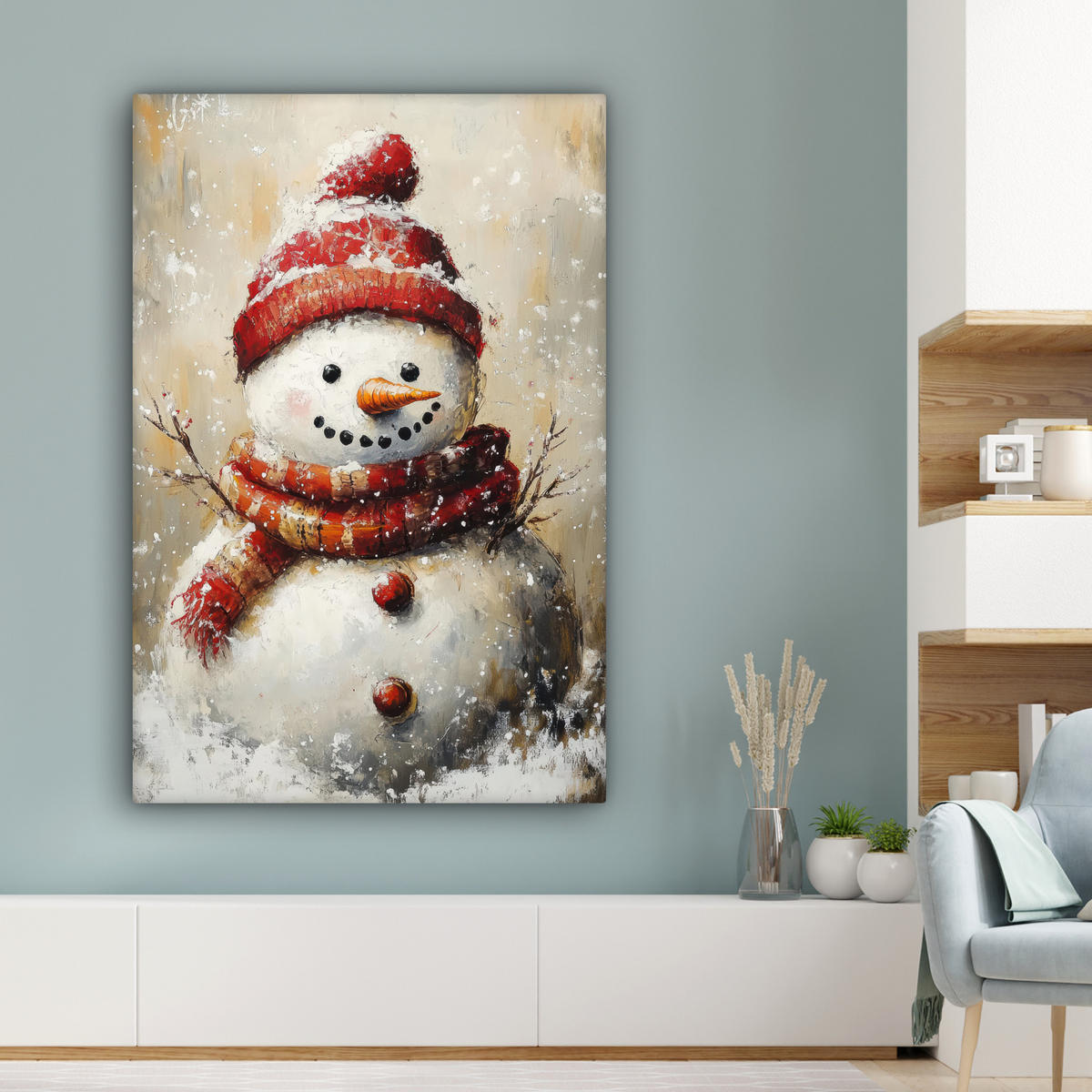 LEINWANDBILD Schneemann - Winter - Schnee - Beige 90x140 cm - Weiß, Textil (90/140cm) - MuchoWow