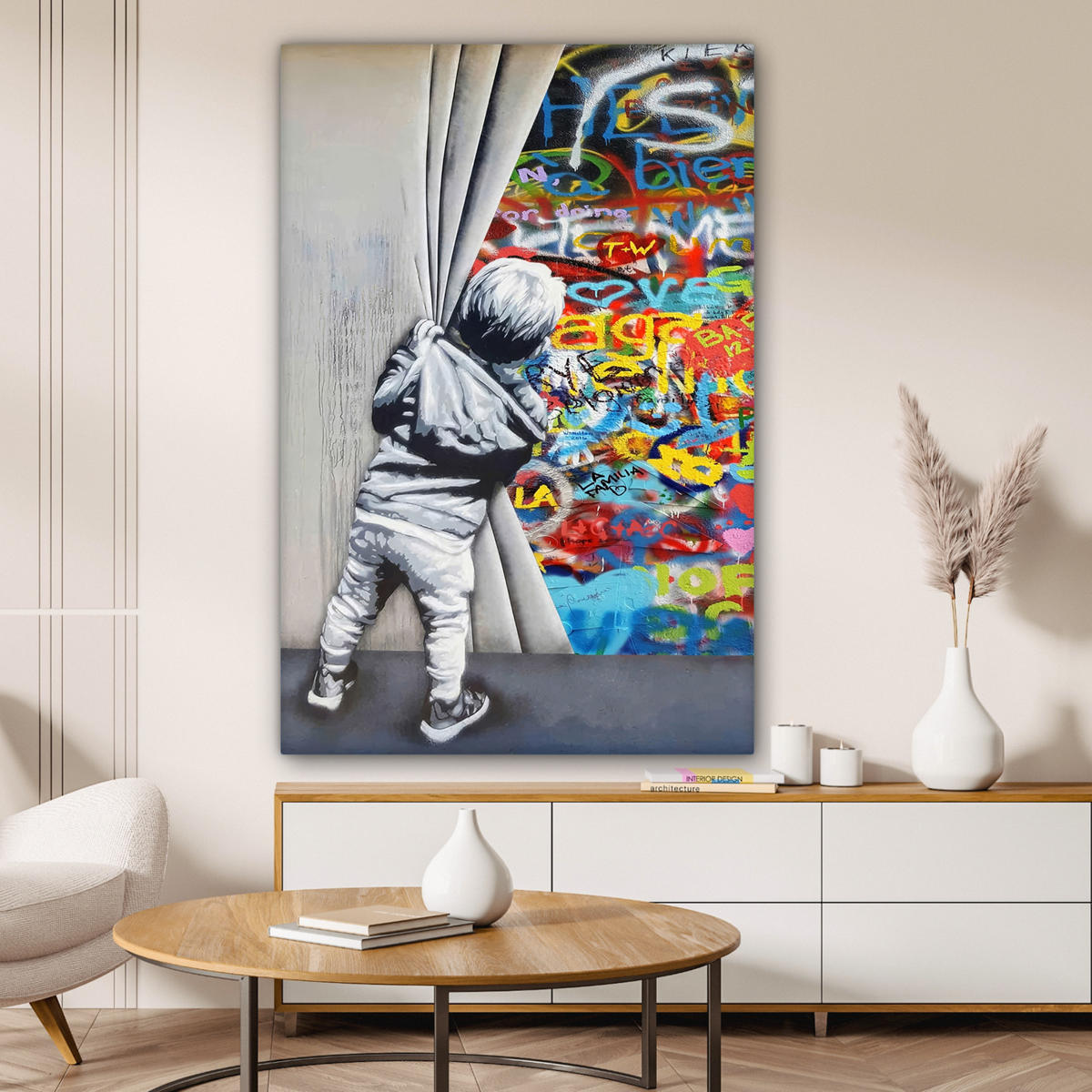 LEINWANDBILD Graffiti - Junge - Ilussie - Straßenkunst Deko XXL 80x120 cm - Hellgrau, Textil (80/120cm) - MuchoWow