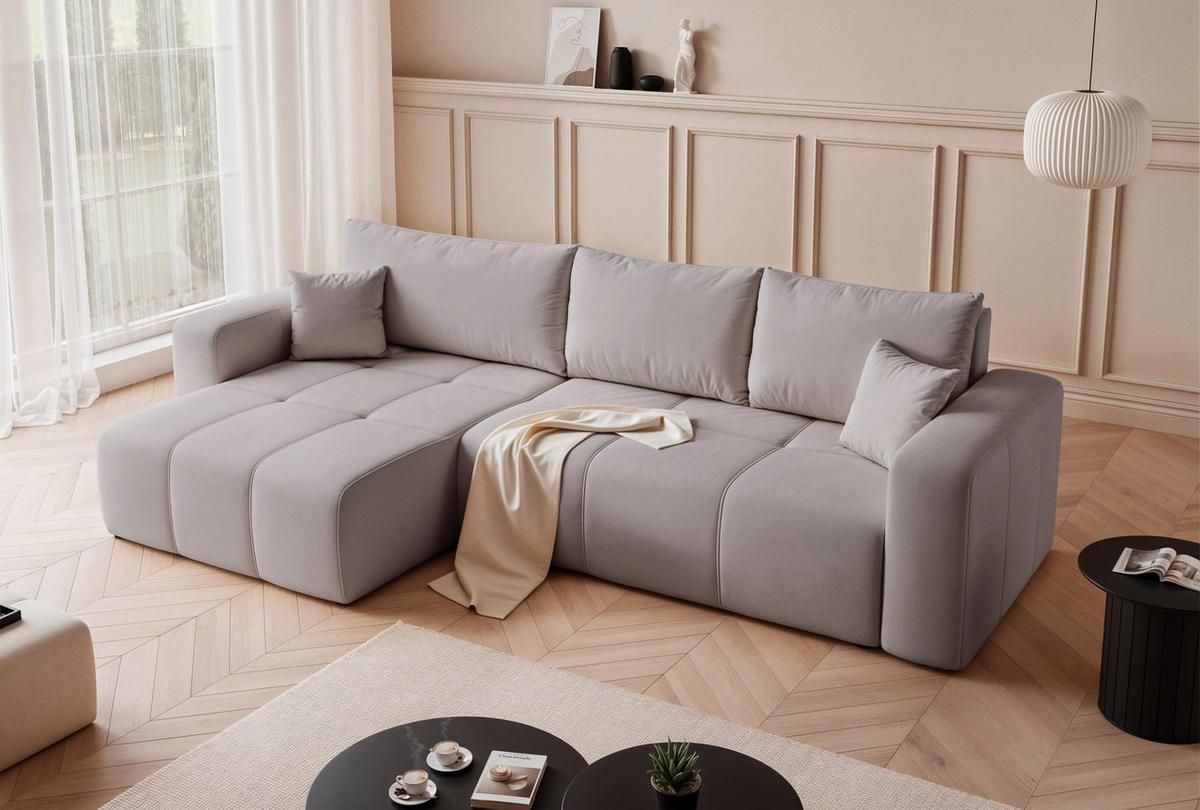 ECKSOFA PEDRO mit Schlaffunktion und Bettkasten Hellgrau - Grau, Holzwerkstoff/Textil (278/145cm) - Idohome