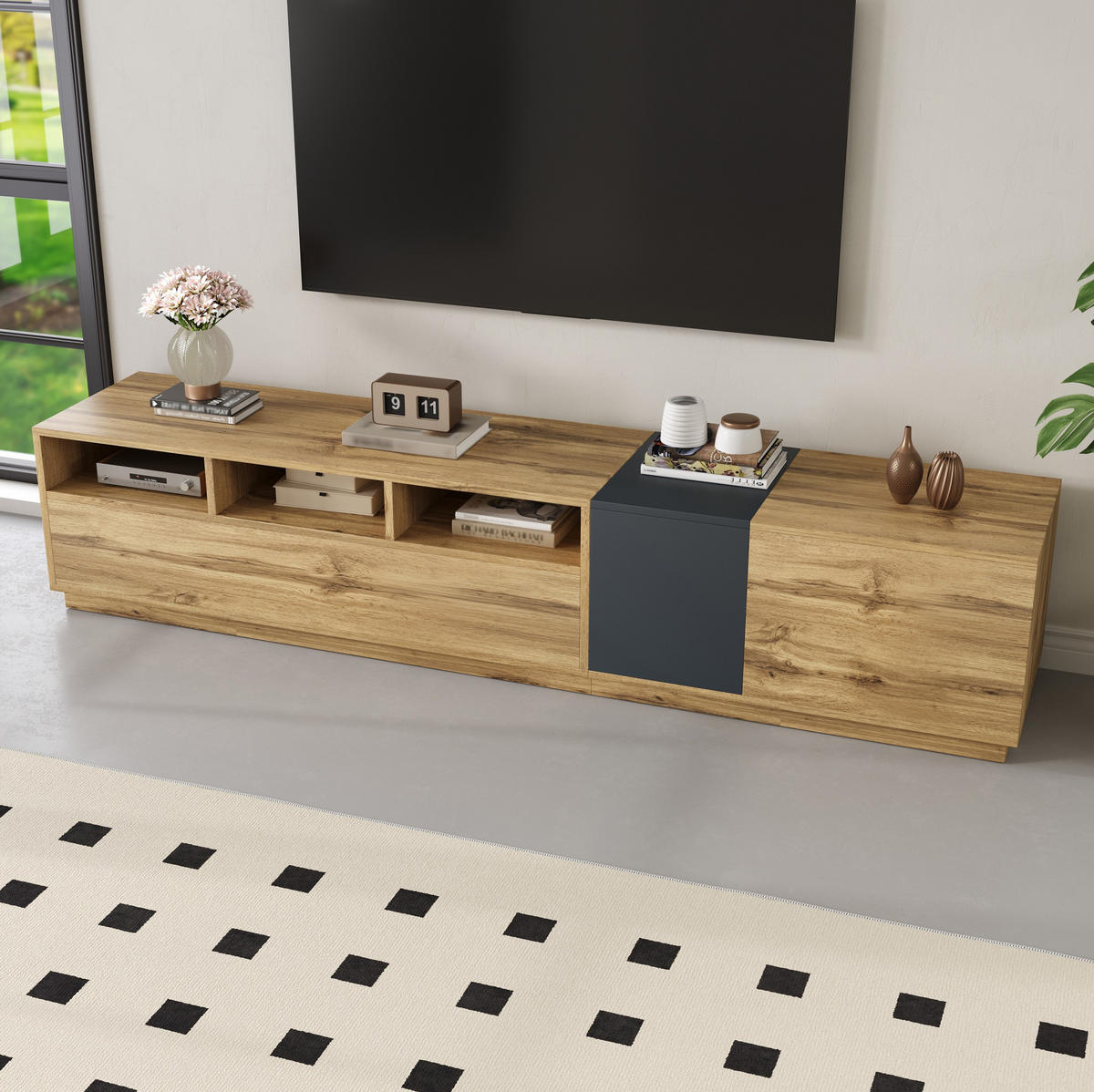 LOWBOARD 200/45/45 cm in Schwarzgrau/Natur aus Spanplatte mit Kabelöffnungen - Schwarz, Holzwerkstoff (45/45/200cm) - OKMYHOME