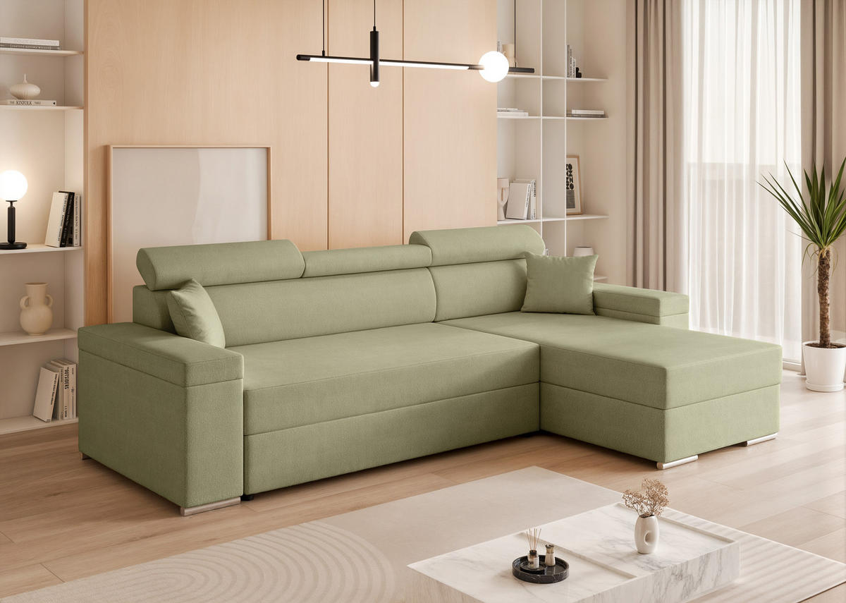 ECKSOFA AISHA mit Schlaffunktion und Bettkasten Grün - Grün, Holzwerkstoff/Kunststoff (250/90cm) - Idohome
