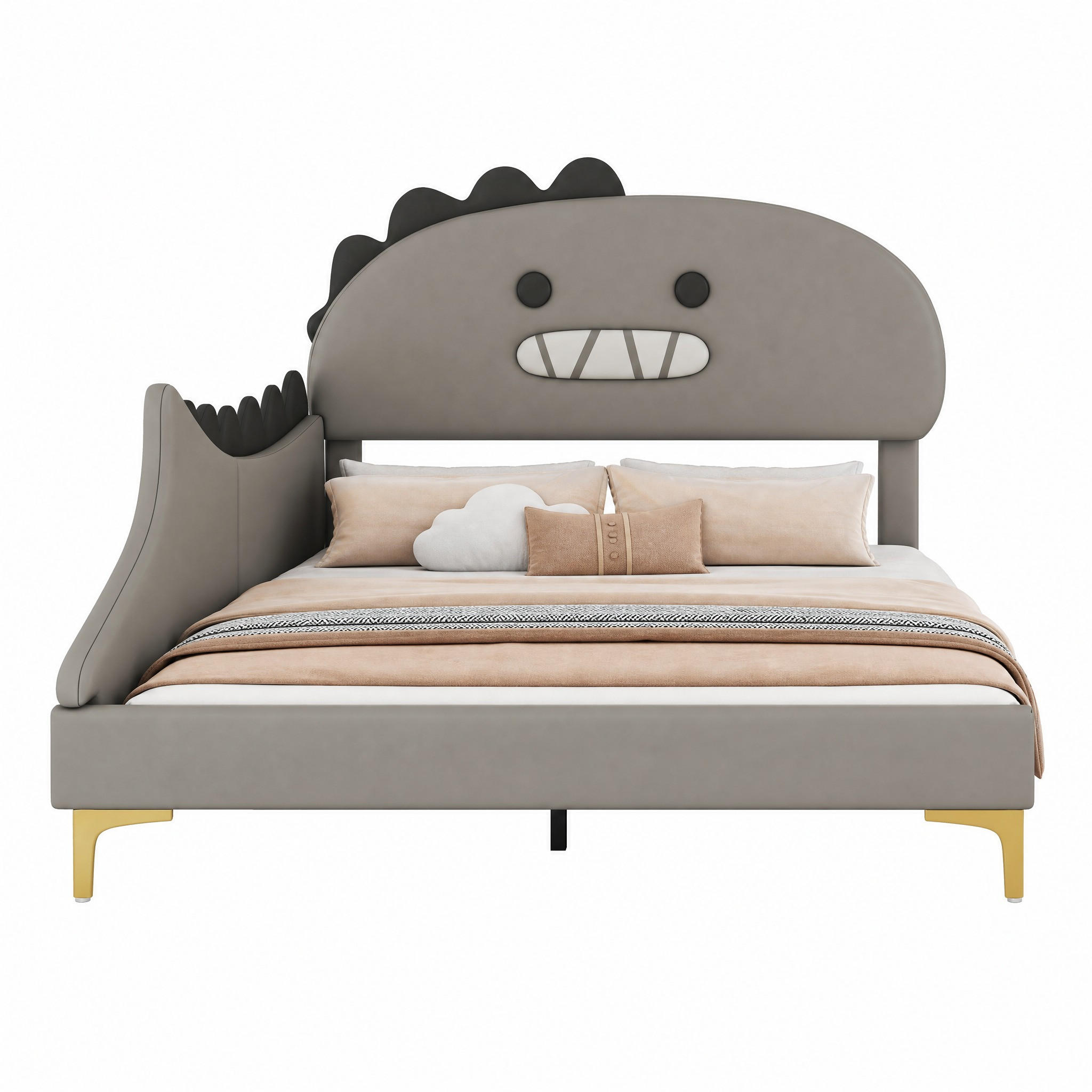KINDERBETT Cartoon-Dinosaurier 140x200 cm PU Grau - Grau, Holz (140/200cm) - Meubliv