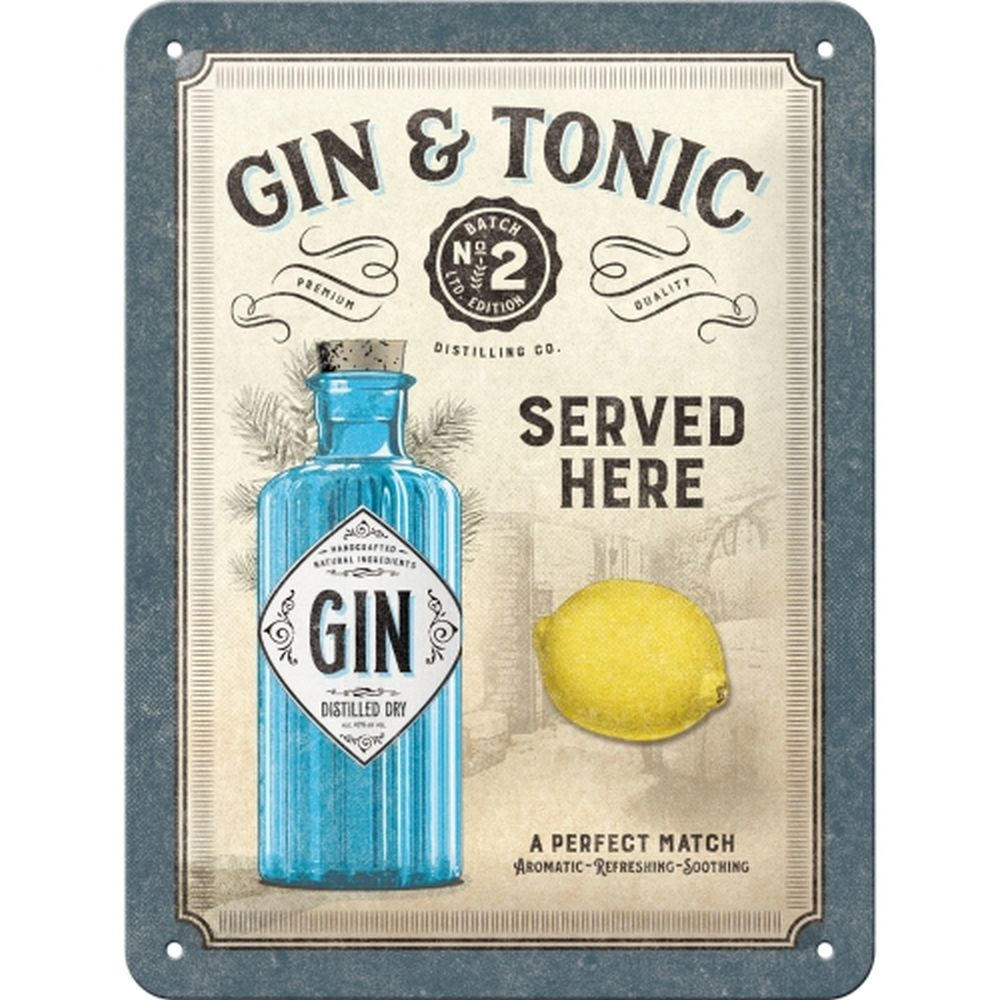 BLECHSCHILD 15/20 cm Open Bar Gin & Tonic Served Here - Multicolor, Metall (15/20/0.5cm) - Nostalgic-Art