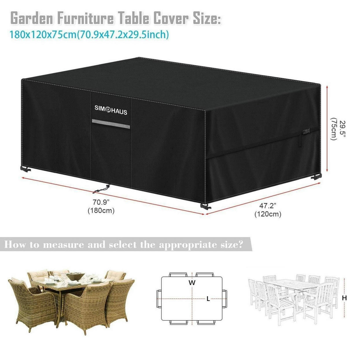 ABDECKHAUBE Gartenmöbel 180 x 120 x 75 cm Wasserdicht - Schwarz, Textil (1/1/1cm)