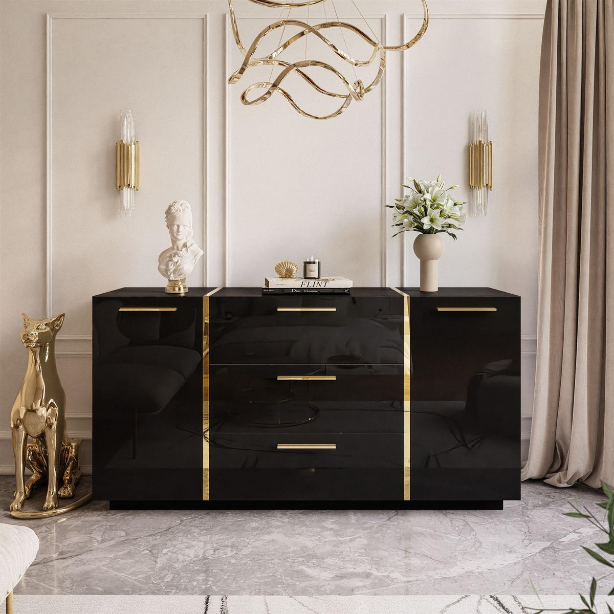 KOMMODE MIT SCHUBLADEN ONYX HOCHGLANZ 158 CM - Schwarz, Holzwerkstoff (158/81/41.3cm) - Lookway