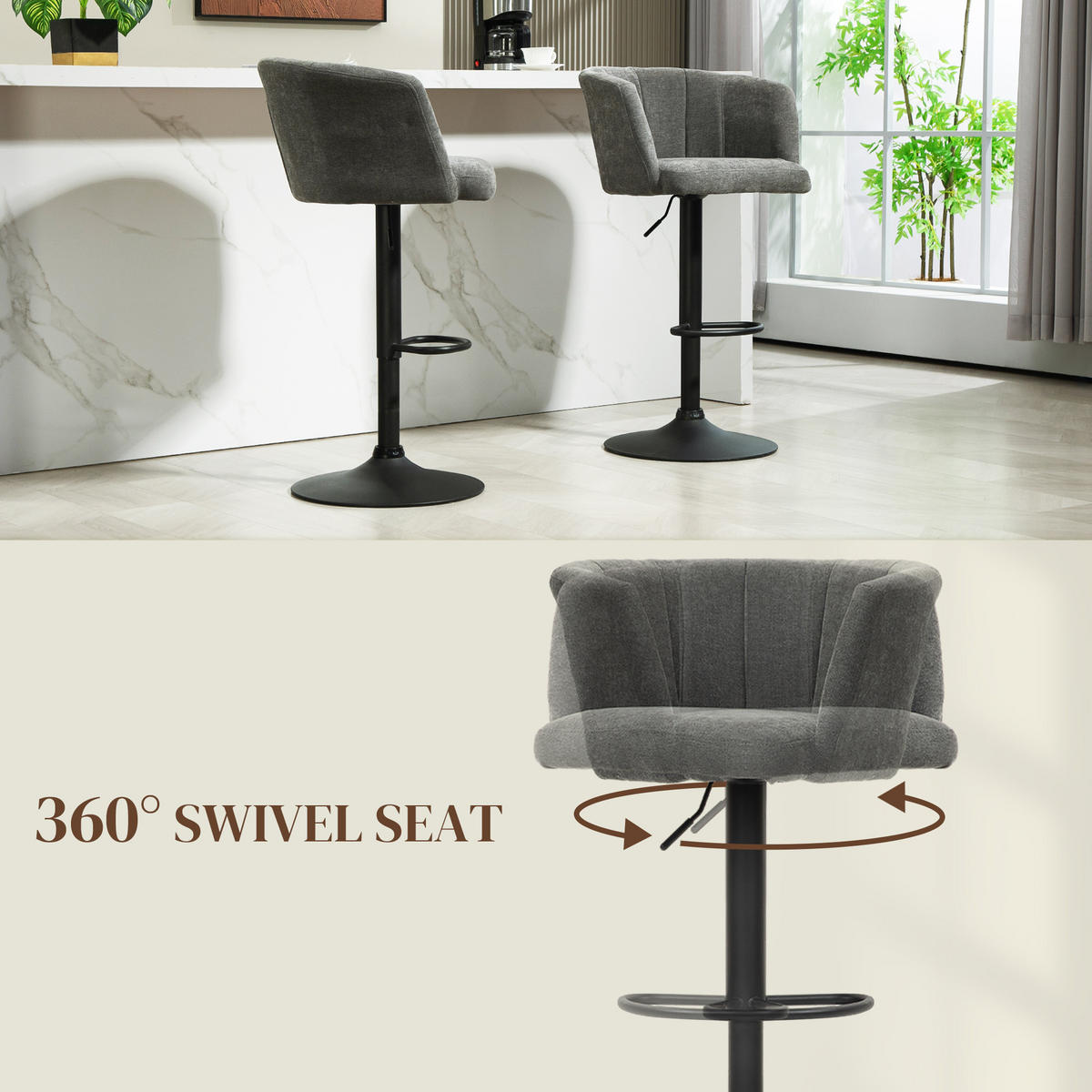 2ER-SET Barhocker, Bistrohocker mit Fußstütze, Drehbar Barstuhl Höhenverstellbar - Dunkelgrau/Schwarz, Kunststoff/Textil (53/110/59cm) - HOMCOM