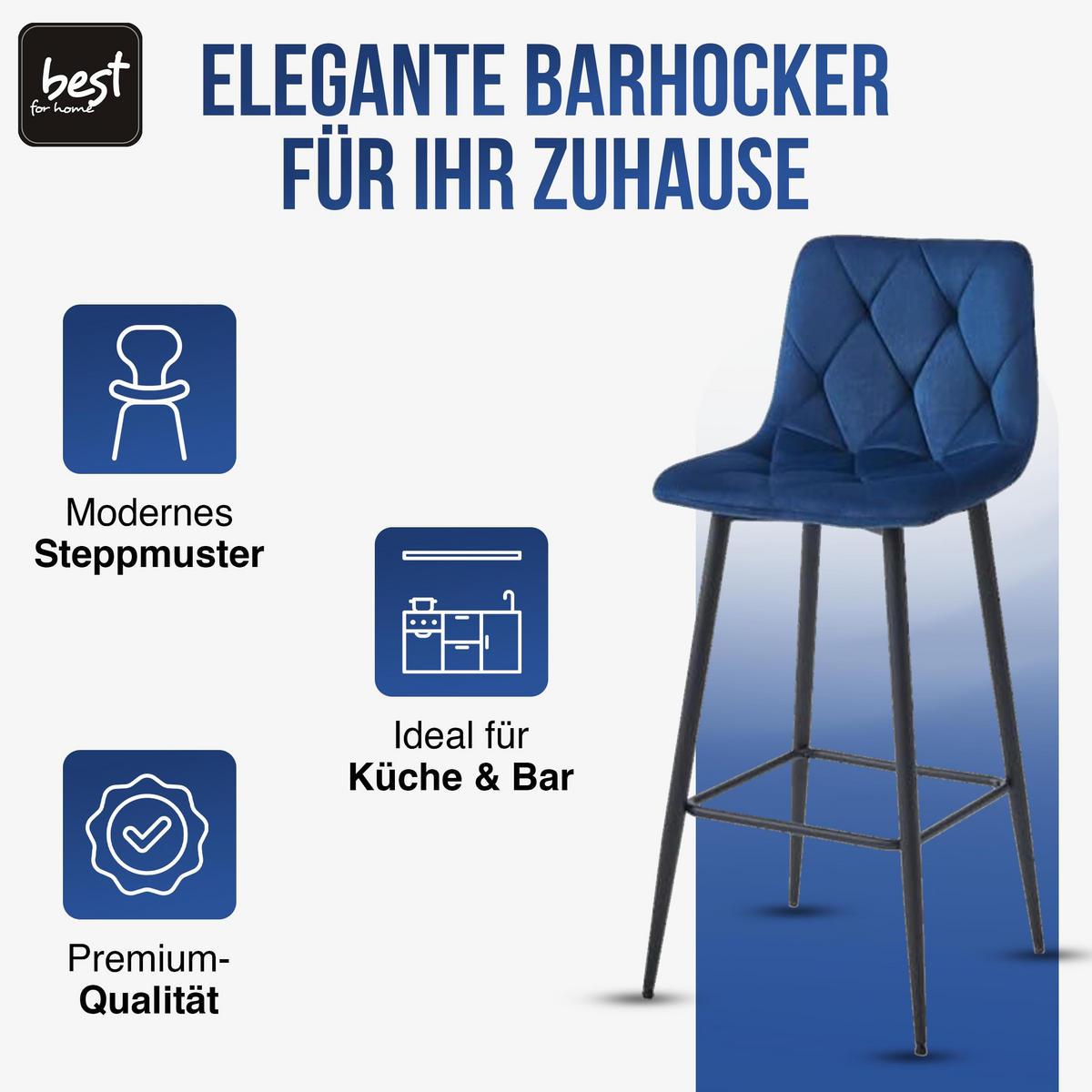 BARHOCKER 4er Set Marineblaues Velours, Gepolsterte Rückenlehne, Bequem Und Modernes Design Für Die Küche Oder Die Theke - Blau, Textil (46/104/33cm) - Best For Home