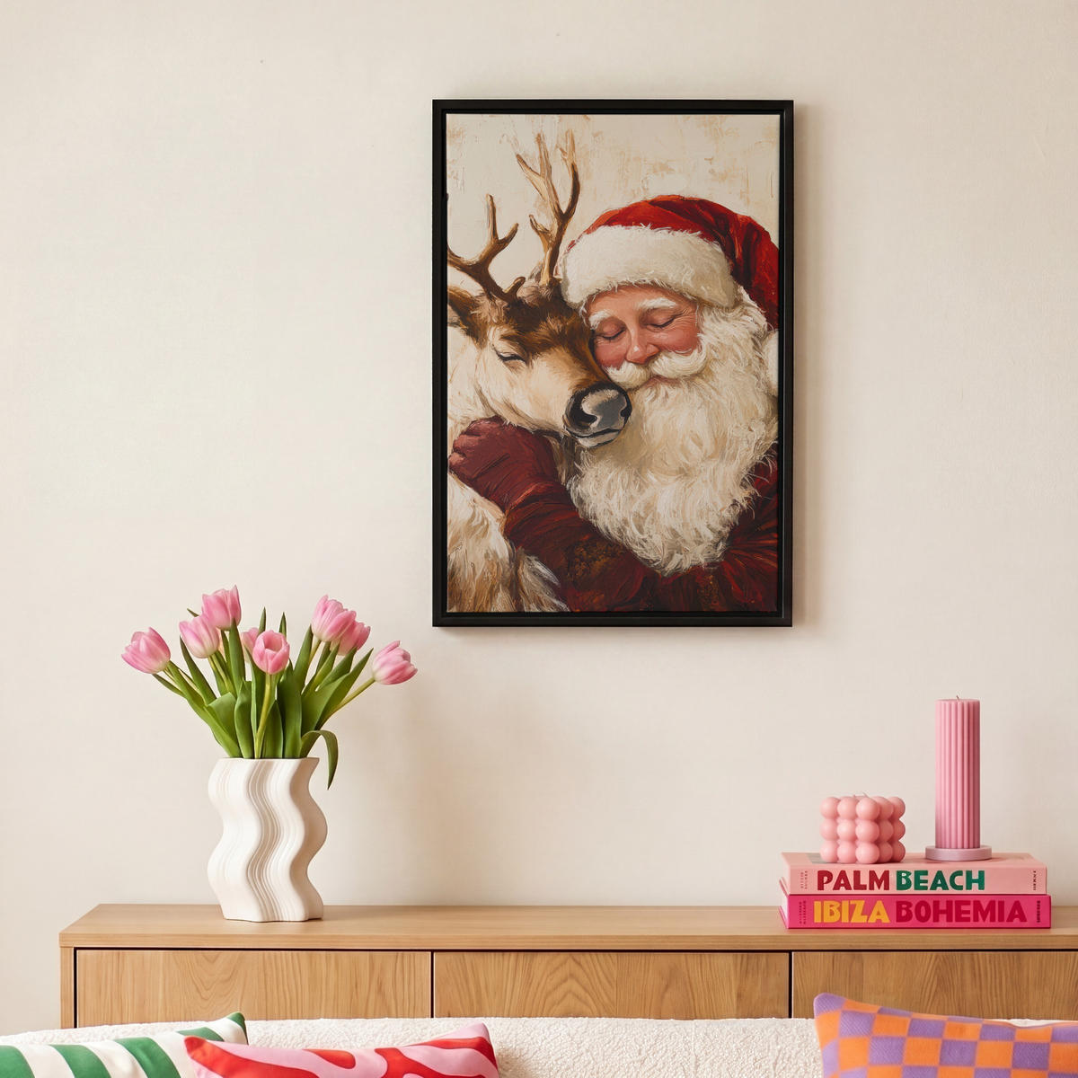 LEINWAND Bilder mit Rahmen - Weihnachtsmann - Rentier - Weihnachten - 20x30 - Rotbraun, Textil (20/30cm) - MuchoWow