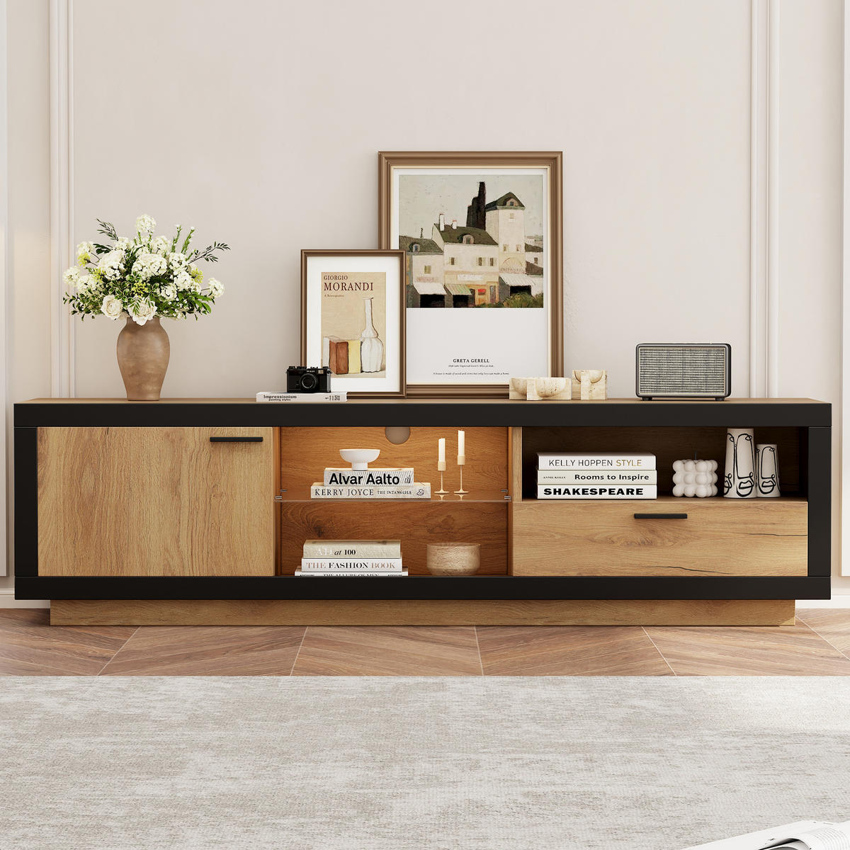 TV-ELEMENTLED 160x40x50cm mit App-Steuerung und Glasböden Schwarz-Eiche - Schwarz, Holz (50.8/14.61/74.3cm) - Raelunyi