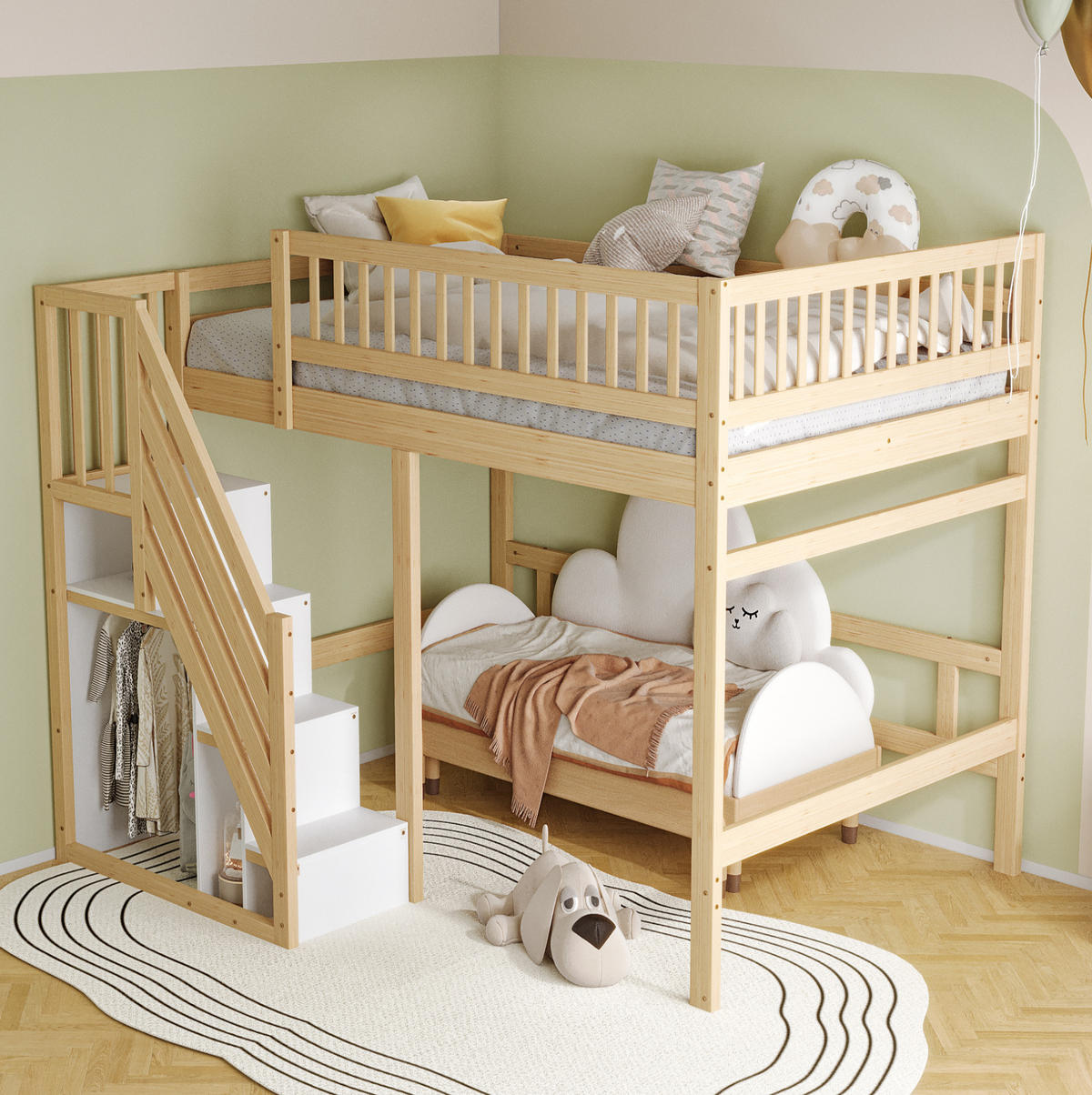 HOCHBETT 140/200 cm mit Stauschrank und Treppe - Naturfarben, Holz (140/200cm) - OKWISH