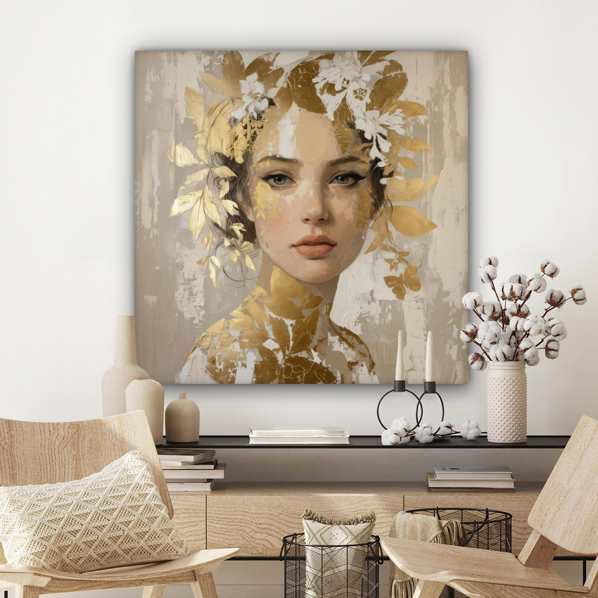 LEINWANDBILD Gesicht - Frau - Blätter - Gold Deko Groß 90x90 cm - Beige, Textil (90/90cm) - MuchoWow